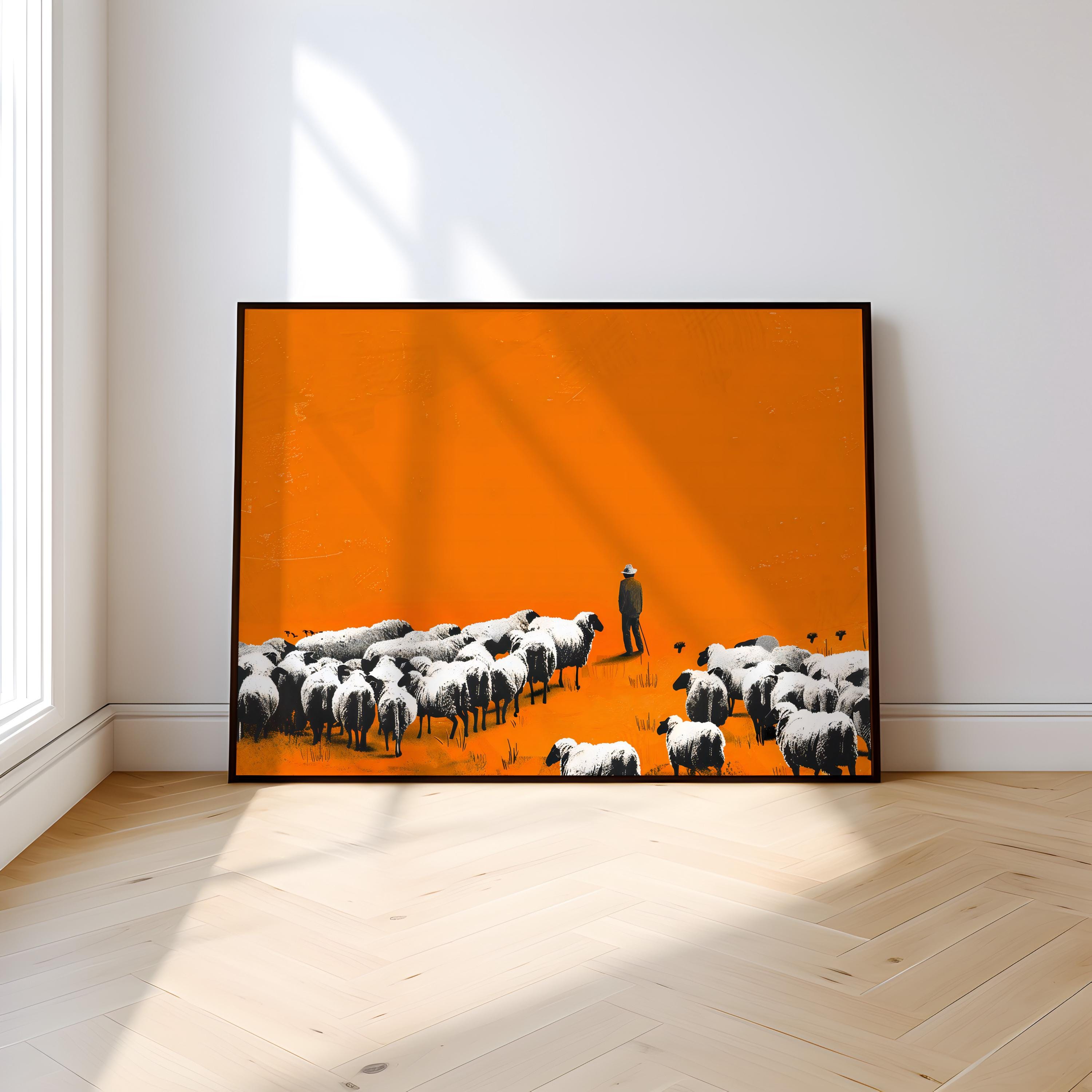 The Shepherd: Minimalist Street Art Style Print | Orange & Black Landscape Decor