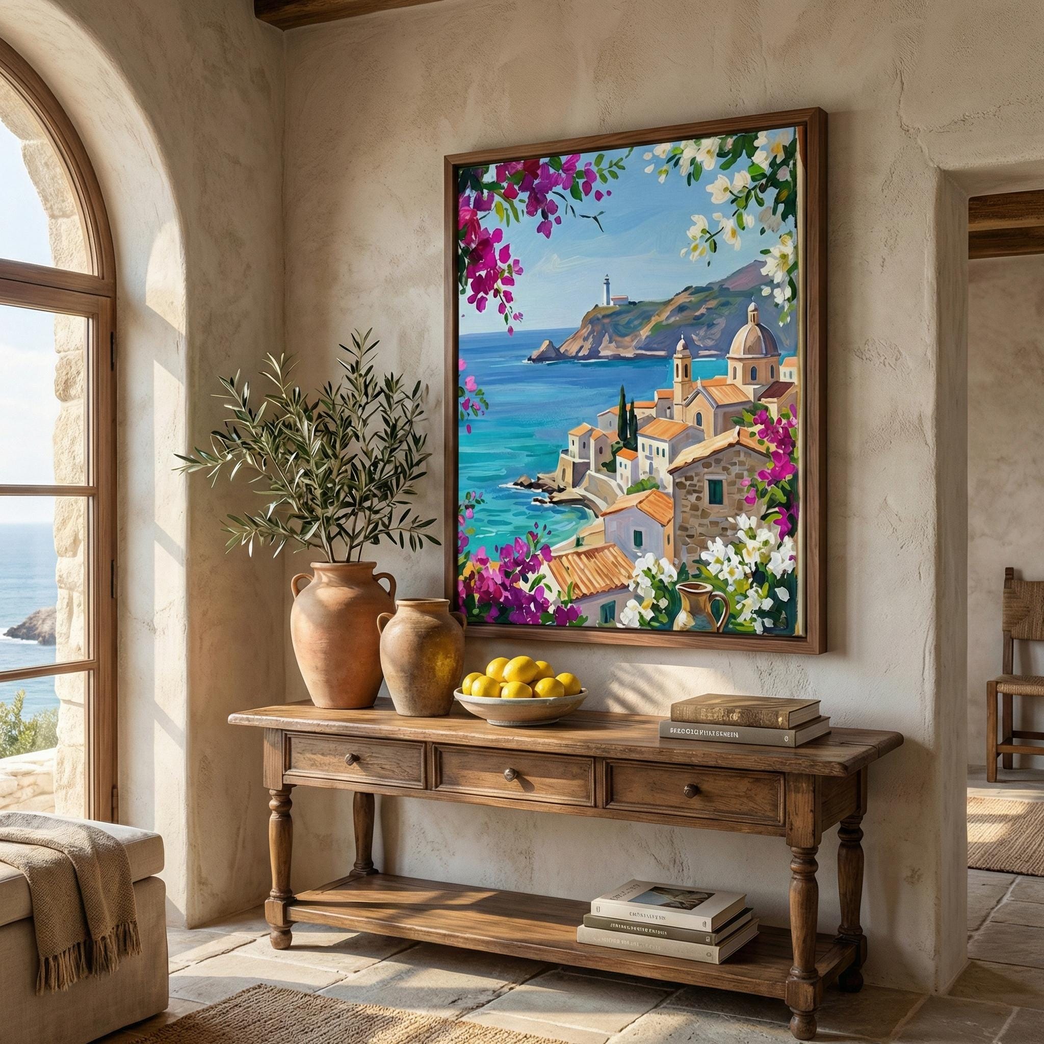 Mediterranean Coastal Art: Blue Shutters and Sea View (Canvas or Paper)