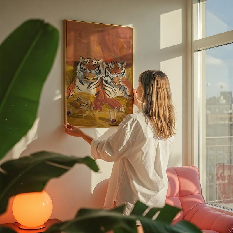 Quirky Tiger Canvas, Burgers and Fries, Warm Tones (Bedroom or Dorm)