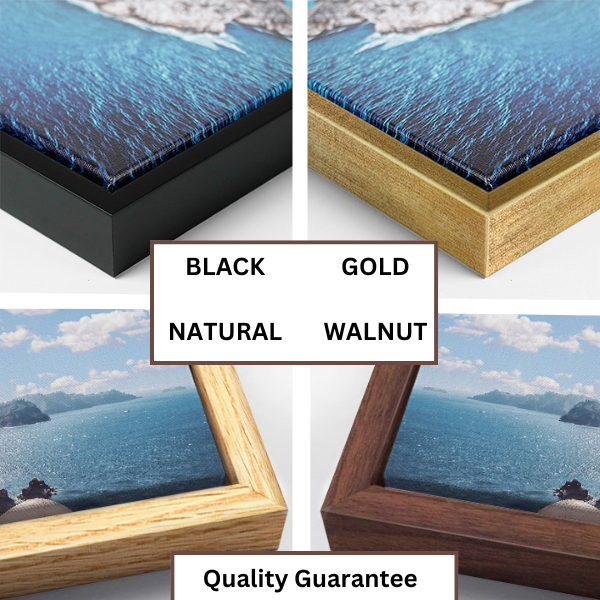 four different framed pictures of a seascape, each with a different colored frame. The frames are labeled as "Black", "Gold", "Natural", and "Walnut". The image also includes a "Quality Guarantee" text at the bottom.