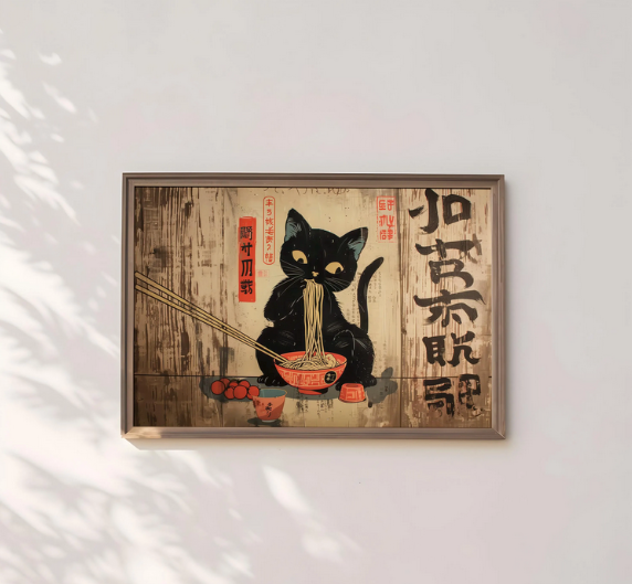 A framed illustration of a black cat sitting in a bowl of noodles, with chopsticks and a red bowl in front of it. The cat appears to be eating the noodles.