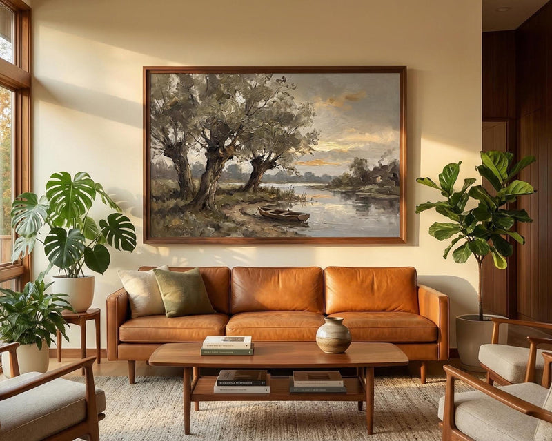 Vintage River Landscape Painting Moody Tree Art Rustic Rowboat Farmhouse Decor Framed Canvas Print