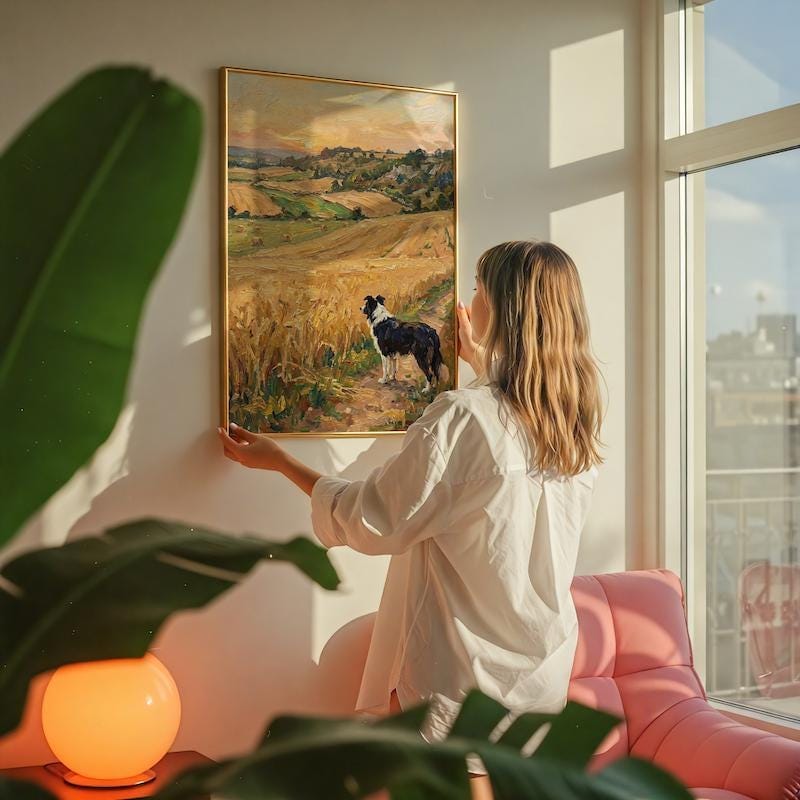 Rustic Border Collie Wall Art - Golden Wheat Field Scene