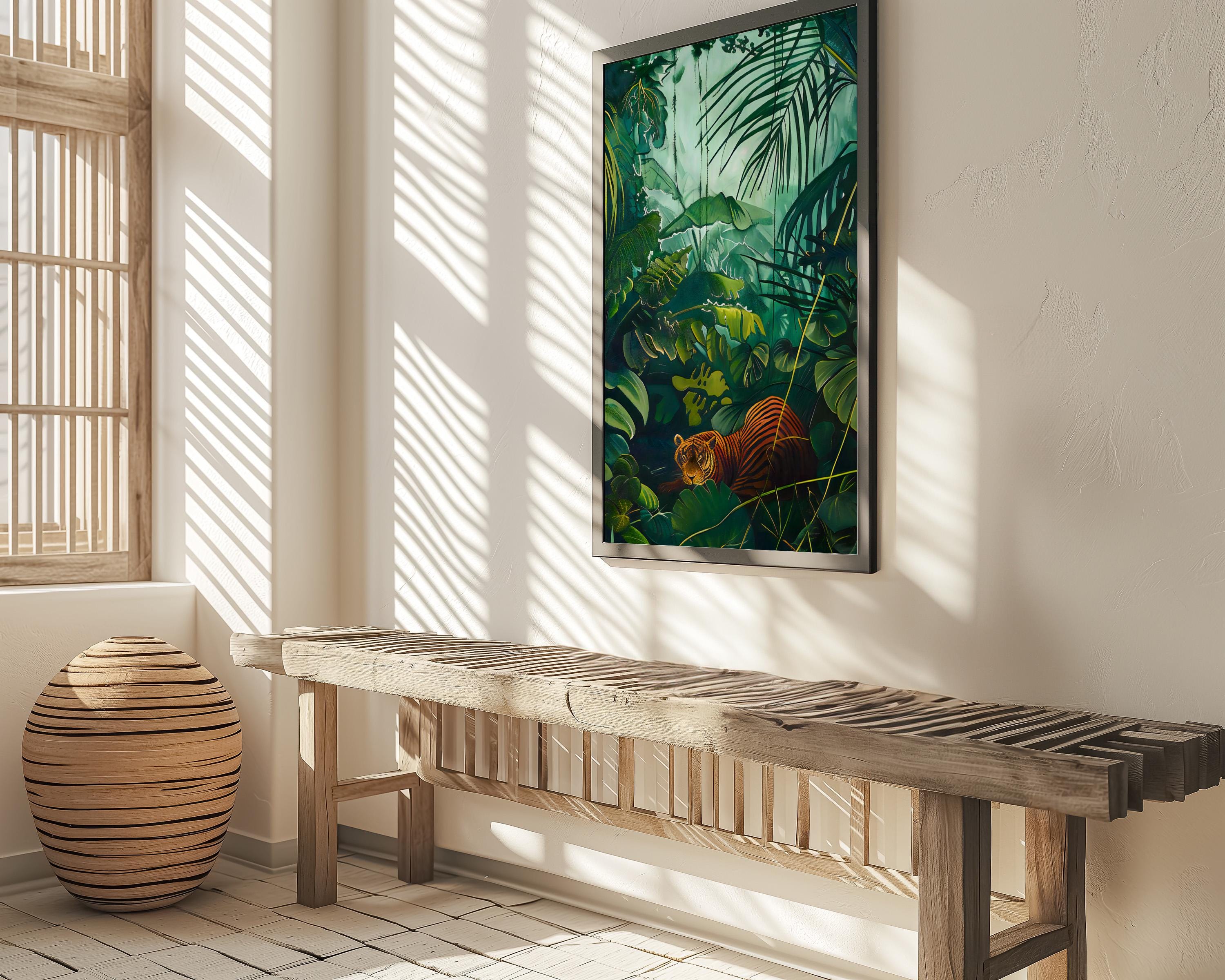 Jungle Serenity: Majestic Tiger Resting in Tropical Art | Green Wildlife Decor