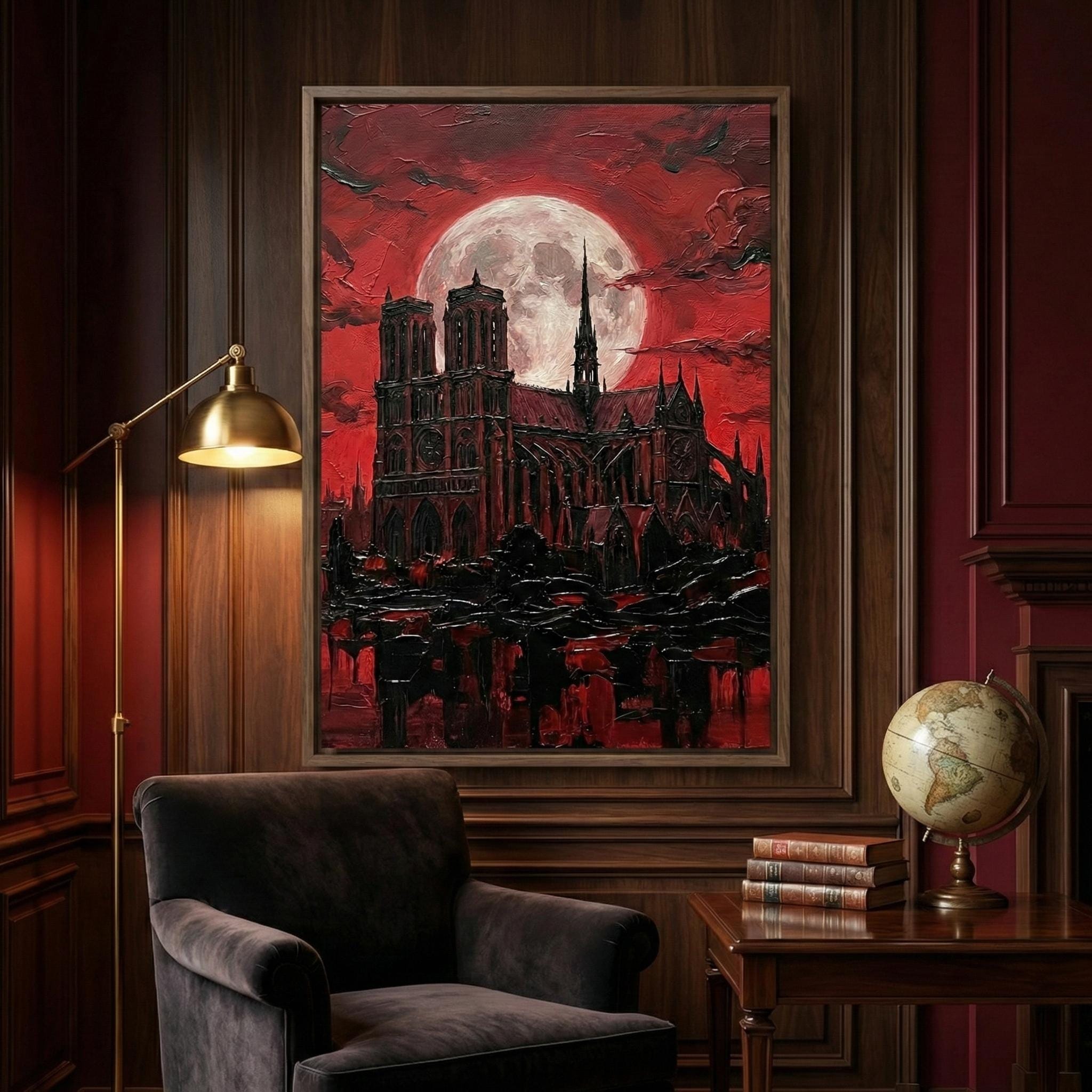 Gothic Cathedral Canvas Print, Blood Moon Cityscape (Dark Fantasy Decor)