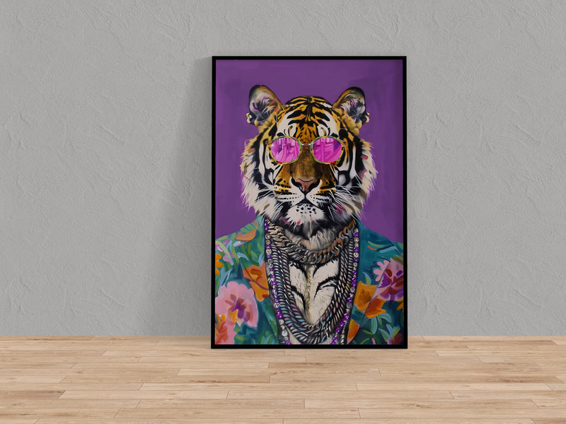 Chic Tiger Wall Art – Vibrant Pink Sunglasses Tiger with Floral Outfit Artwork