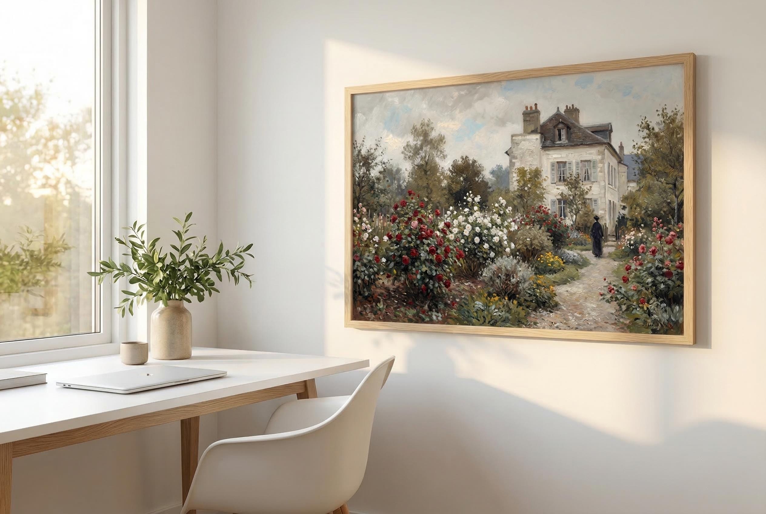 Vintage Rose Garden Painting French Country House Art Impressionist Cottage Landscape Print Wall Art