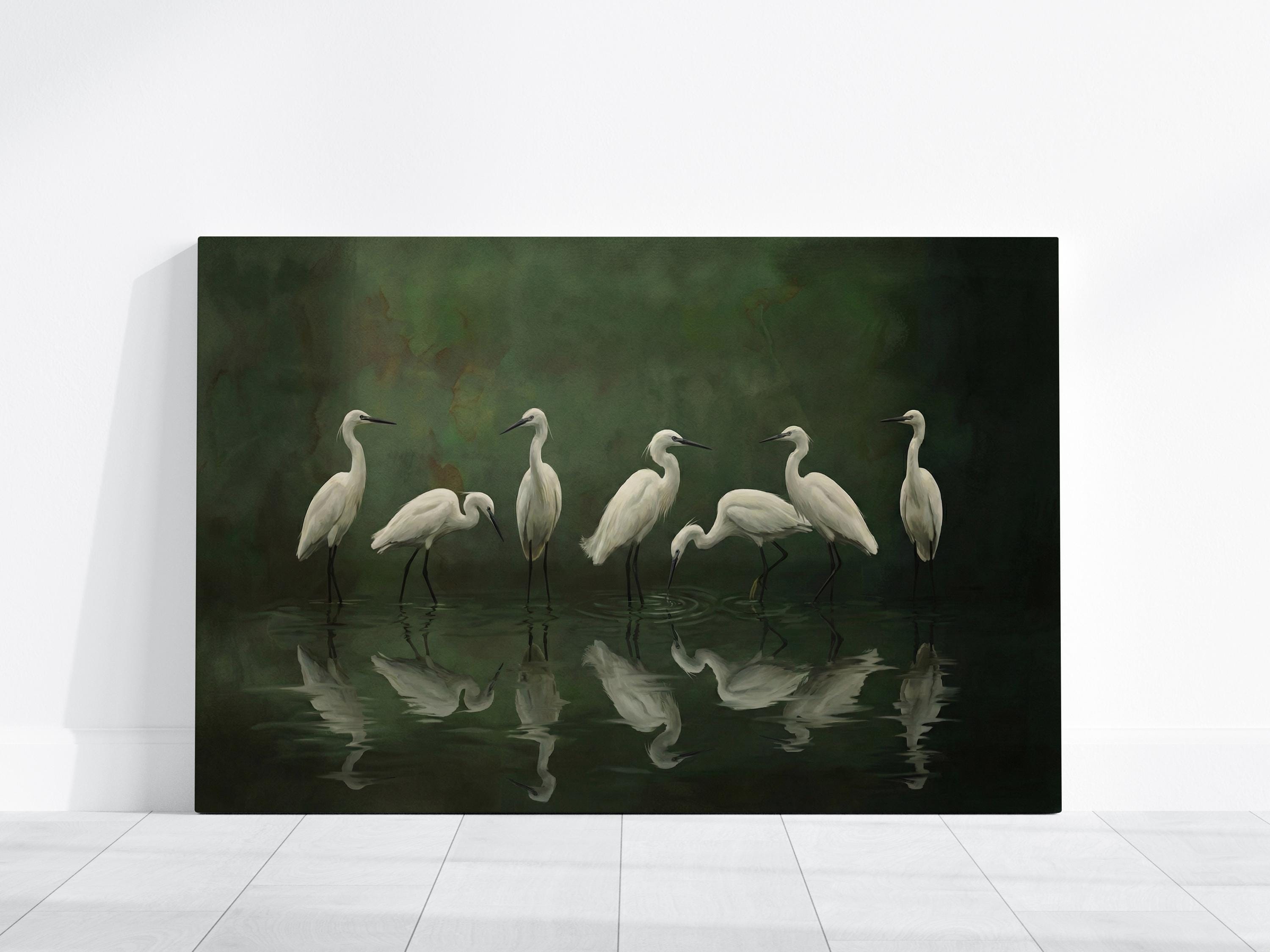 Nature Canvas Art, White Egret and Heron, Moody Green Swamp (Framed or Rolled)