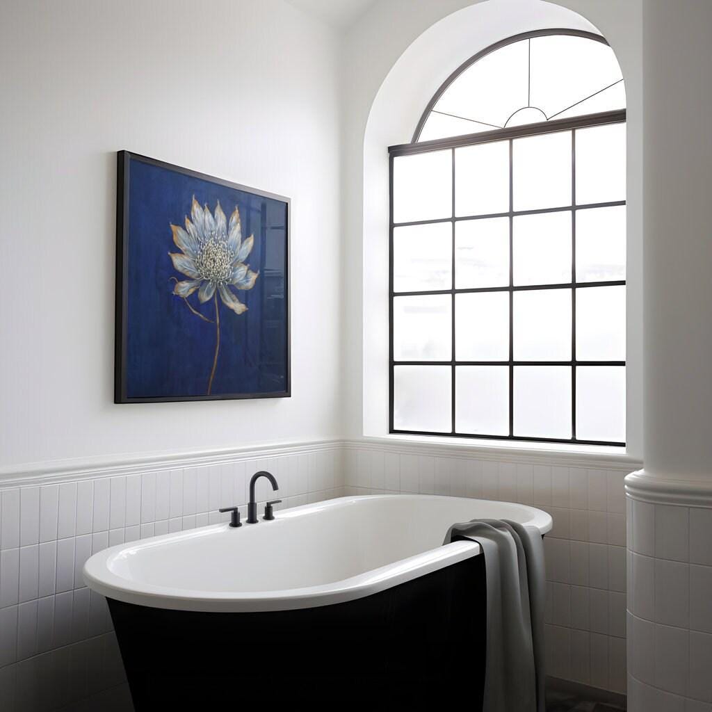 Modern Minimalist Flower: Elegant Gray & White Botanical Art | Deep Blue Wall Decor