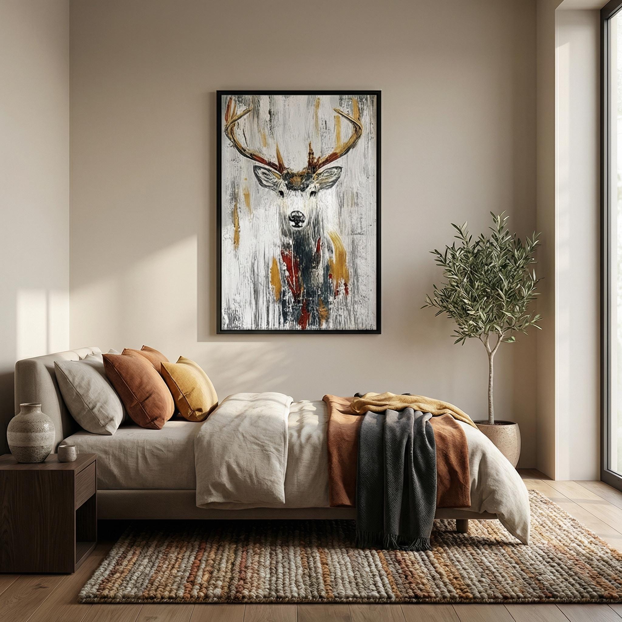 Serene Deer Canvas, Abstract Forest Art (Modern Wall Decor)