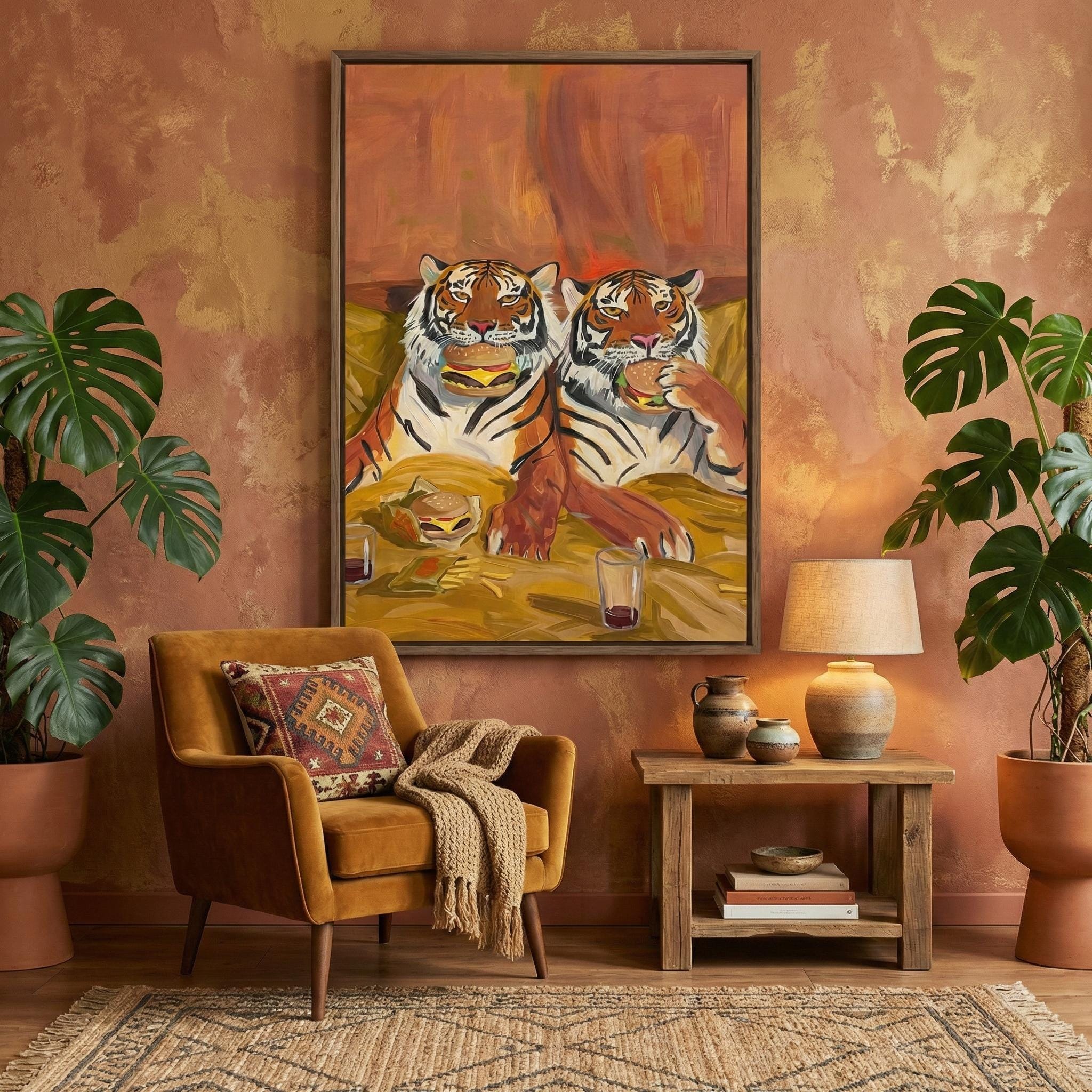 Quirky Tiger Canvas, Burgers and Fries, Warm Tones (Bedroom or Dorm)