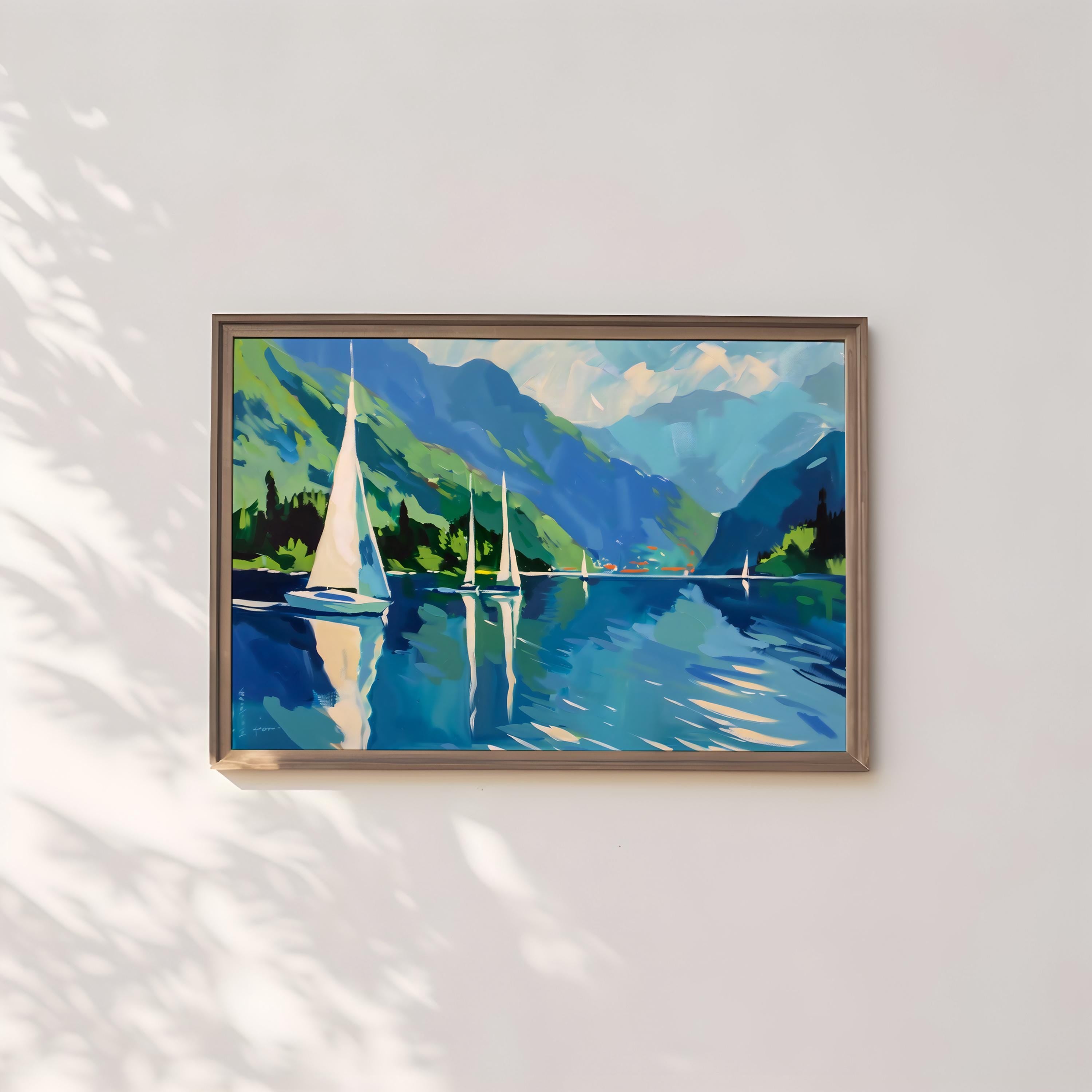 Mountain Lake Serenity: Tranquil Sailboat Canvas Art | Picturesque Blue & Green Landscape Decor