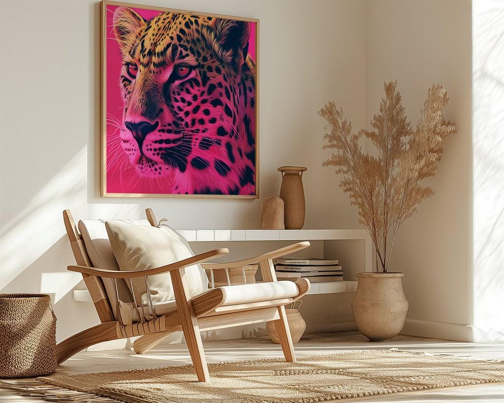 Regal Leopard: Vibrant Pink & Gold Wildlife Art | Modern & Fierce Animal Portrait Decor