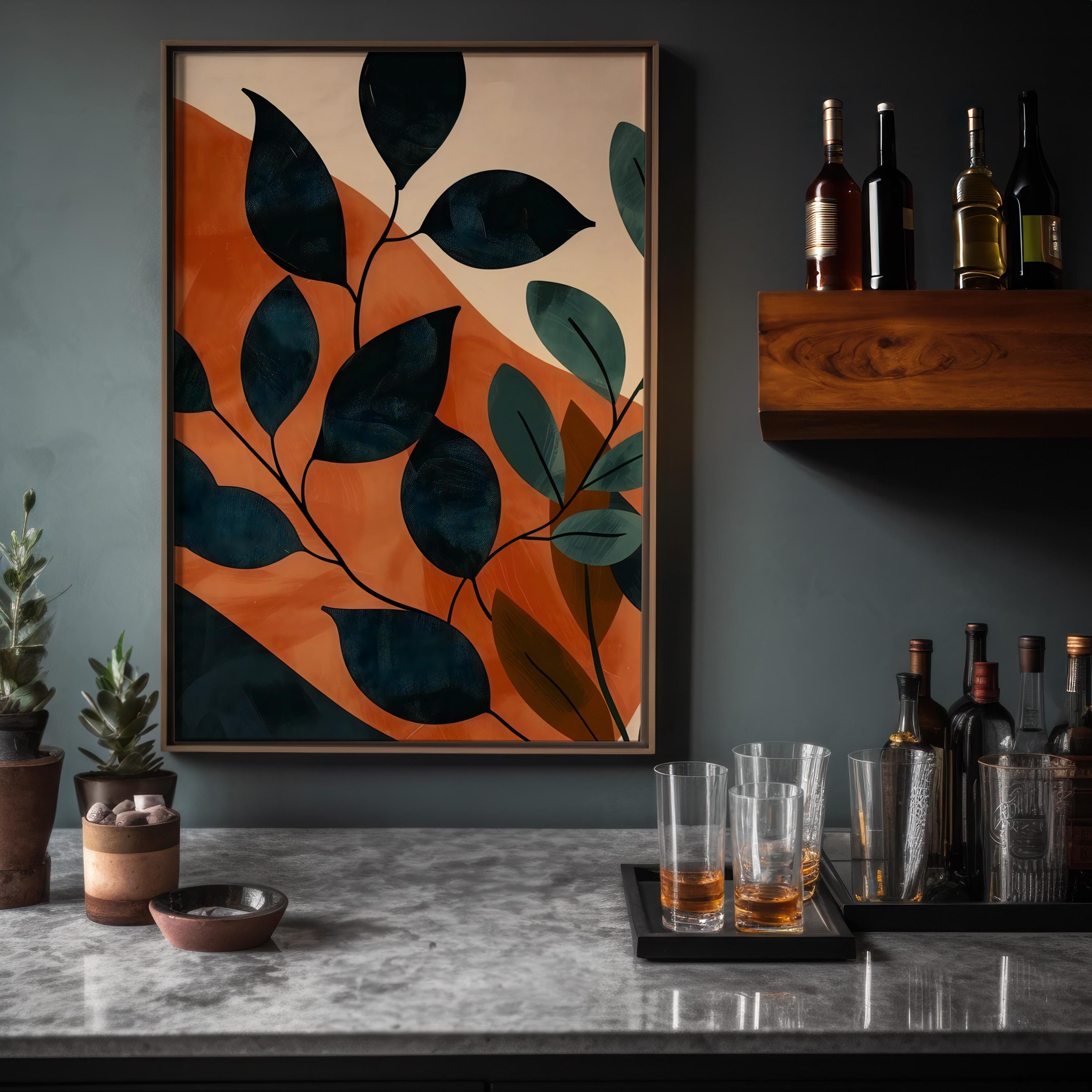 Sunset Leaves: Modern Botanical Abstract Art | Warm Orange & Green Wall Decor