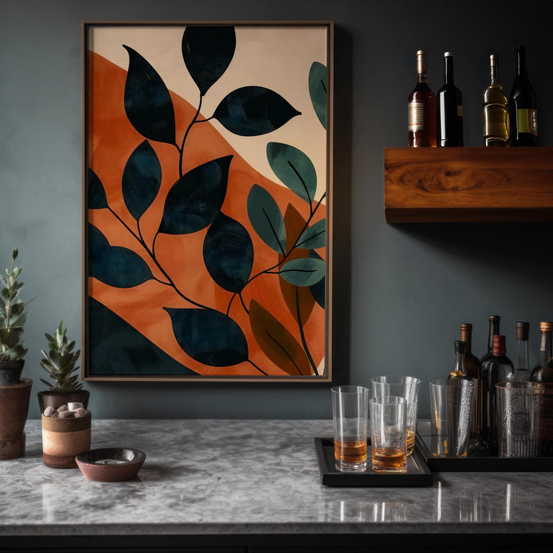 Modern Botanical Art - Sunset Leaves Abstract Floral Wall Decor | Warm Orange & Green