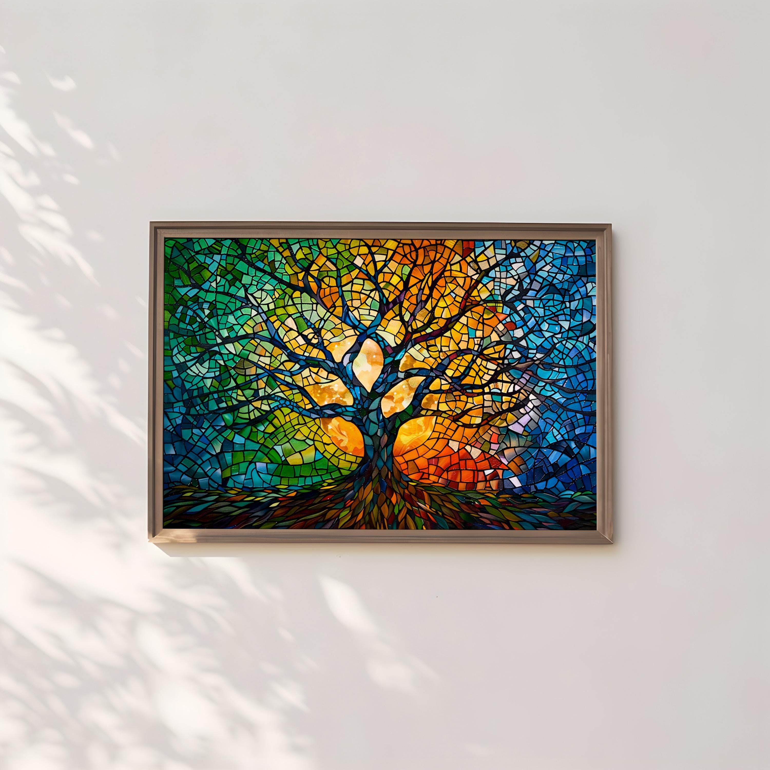 Abstract Mosaic Tree Wall Art - Bright Stained Glass Colors
