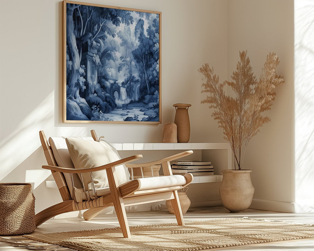 Ethereal Echoes: Blue Monochrome River & Ruins Landscape | Moody & Romantic Wall Art