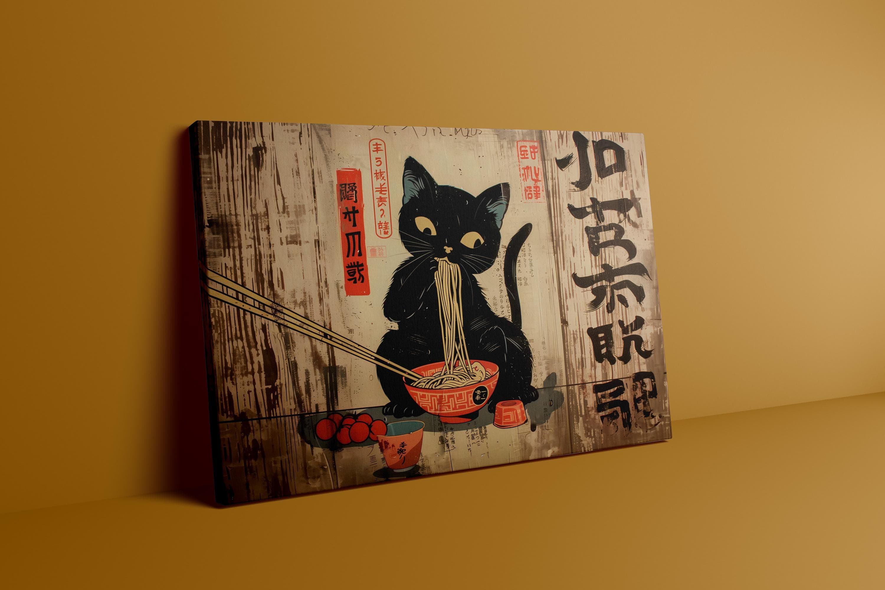 Whimsical Black Cat Ramen Art - Cozy Japanese Edo Decor