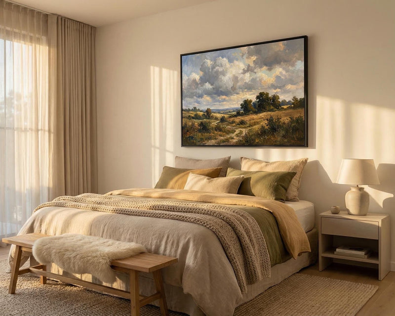 Vintage Country Road Painting Dramatic Cloud Landscape Art Rustic Farmhouse Decor Framed Canvas