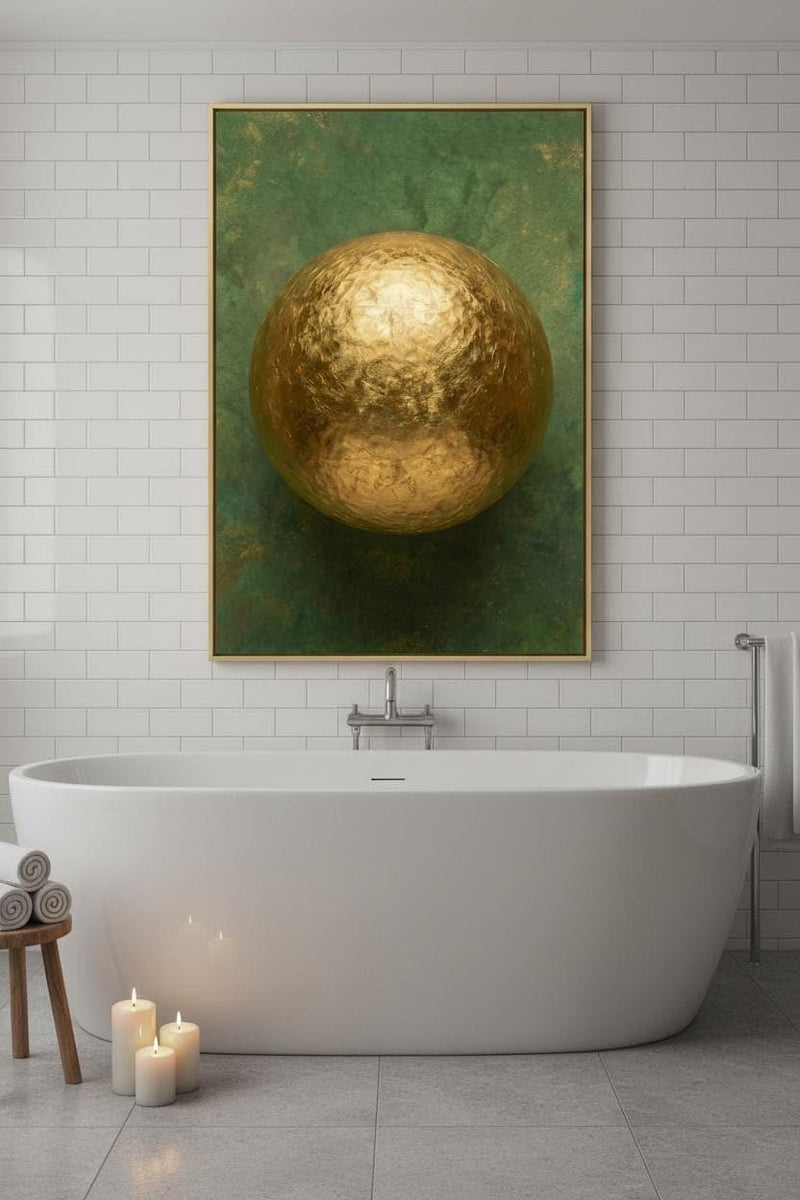 Golden Ball Green Abstract Wall Art | Modern Emerald & Gold Canvas Print | Contemporary Framed Artwork for Living Room or Office