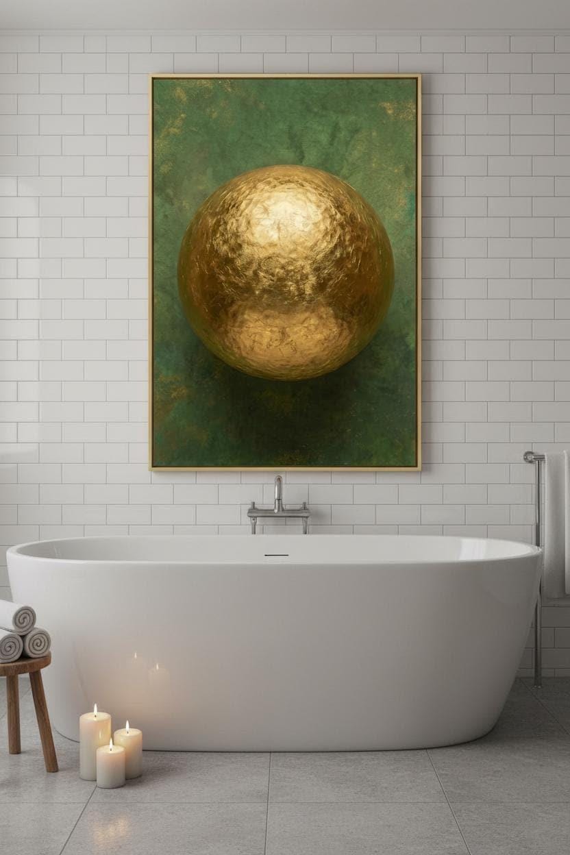 Golden Ball Green Abstract Wall Art | Modern Emerald & Gold Canvas Print | Contemporary Framed Artwork for Living Room or Office
