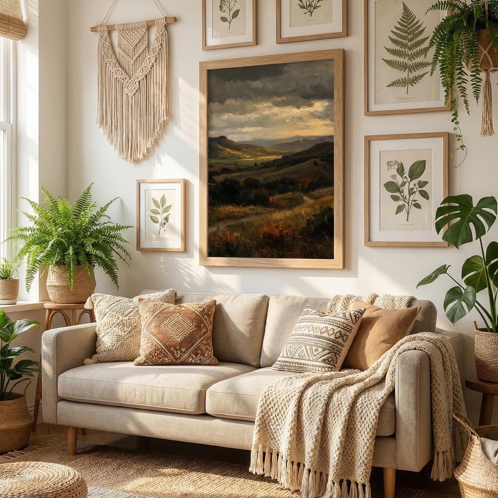 Moody Landscape Painting, Vintage Country Road Art, Rustic Farmhouse Wall Decor, Valley Print