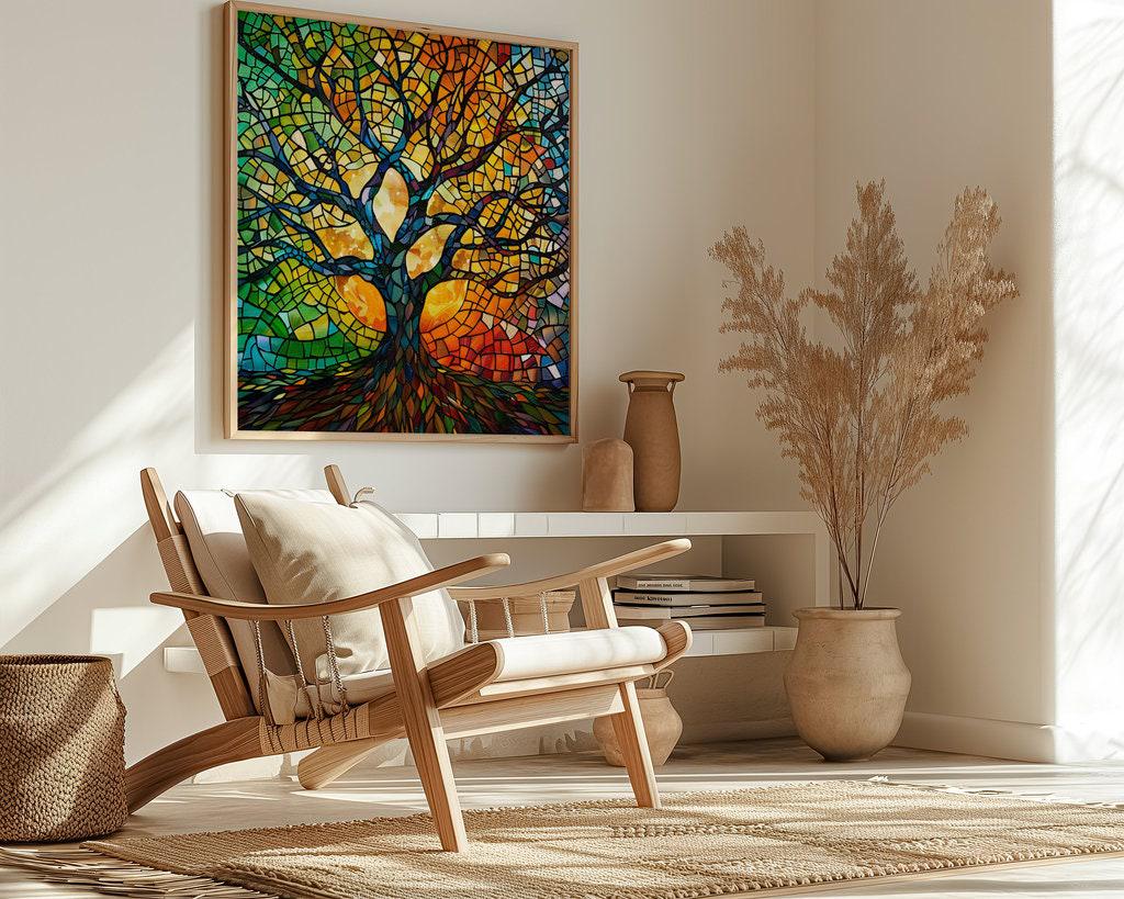 Stained Glass Tree of Life: Colorful Mosaic Canvas Art | Vibrant & Elegant Wall Decor