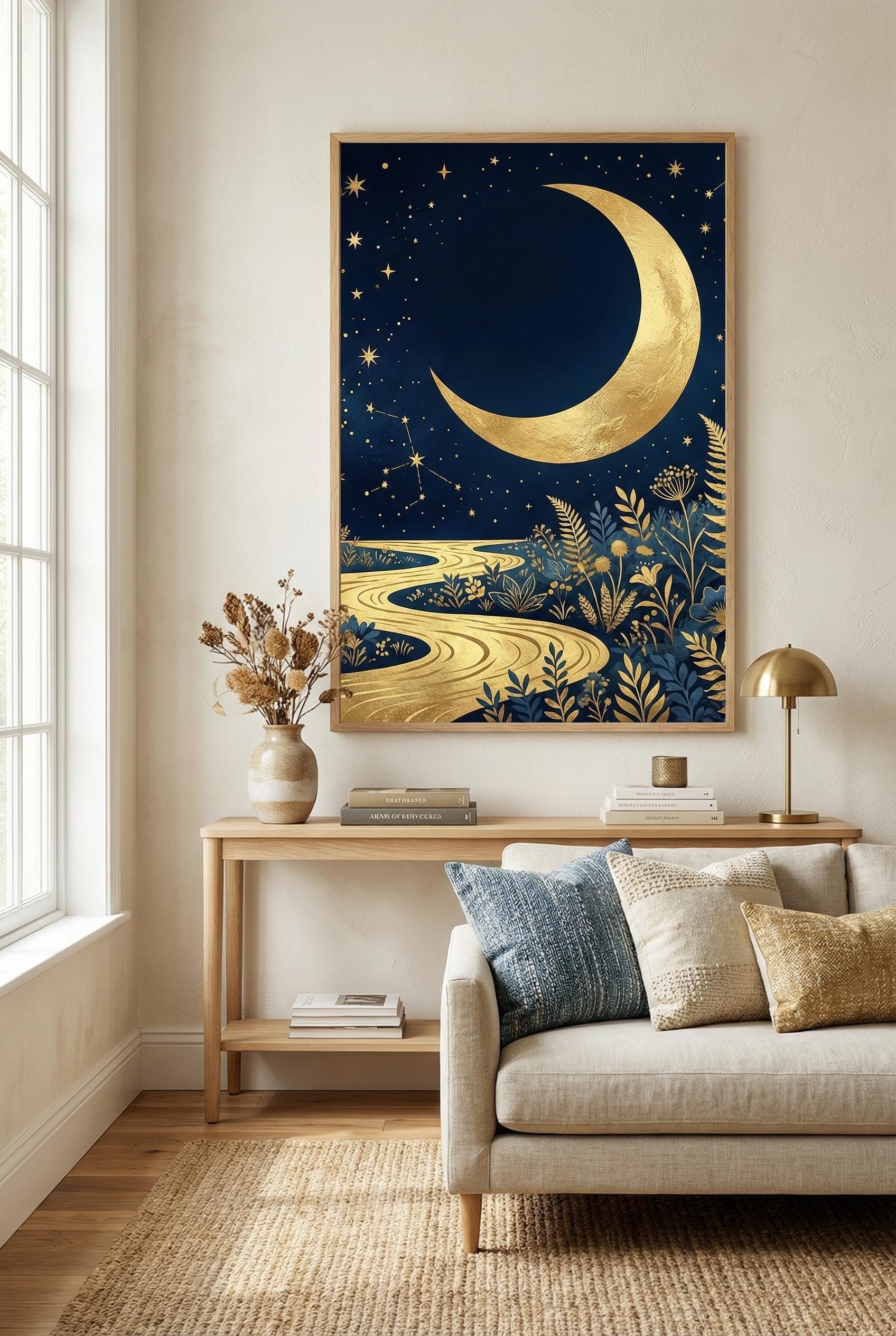 Wall Art Print: Golden Moon and Blue River - Abstract Design