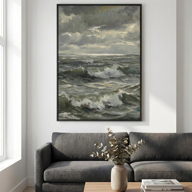 Moody Ocean Waves Painting Vintage Seascape Wall Art Stormy Sea Print Dark Coastal Decor Canvas