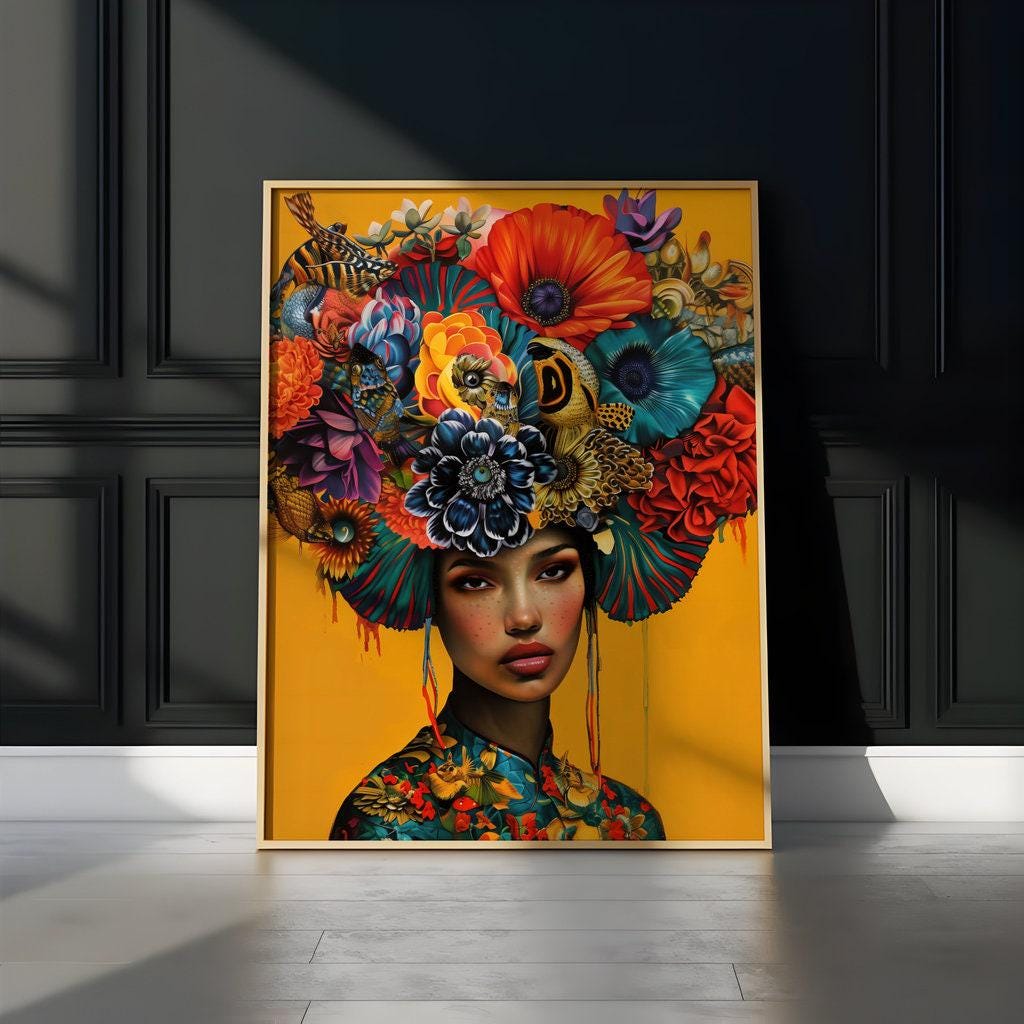 The Empress: Vibrant Floral Headdress Art | Modern & Elegant Botanical Portrait