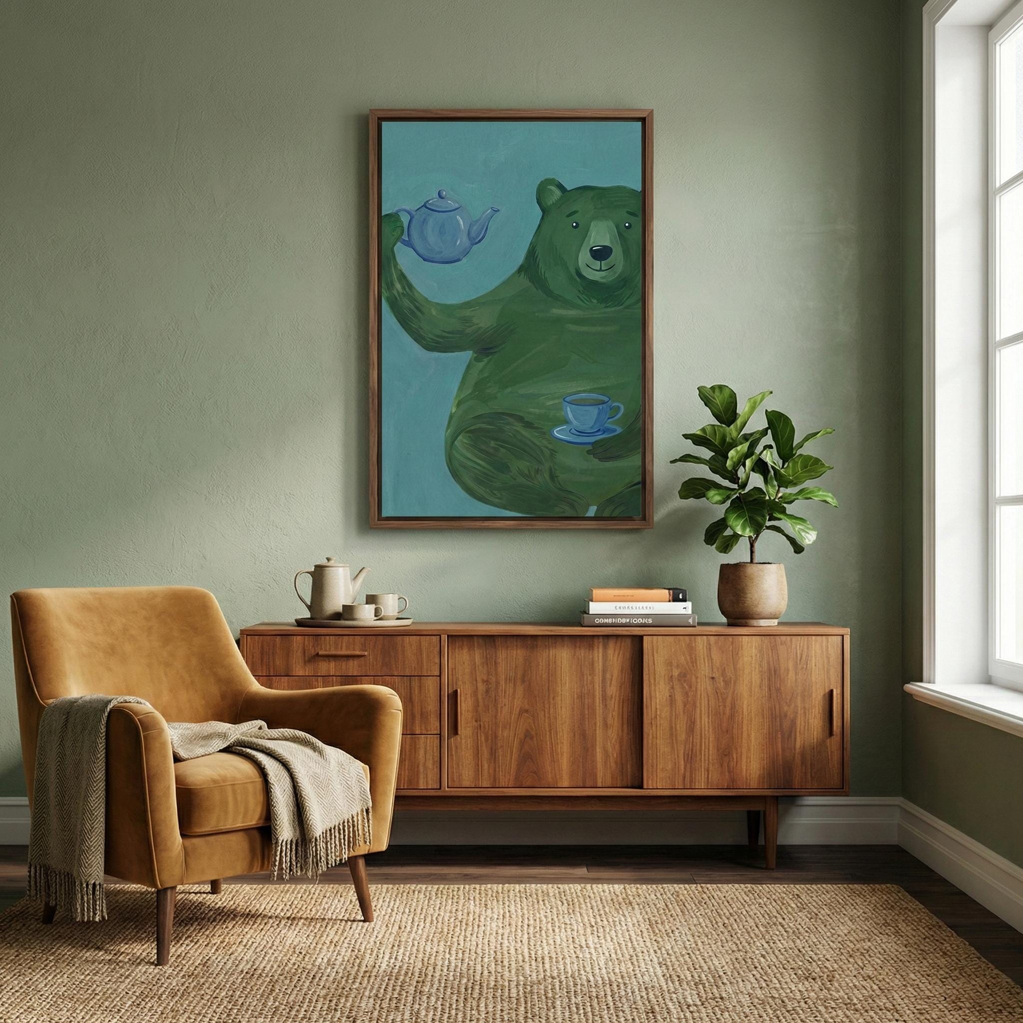 Whimsical Green Bear Wall Art - Playful Tea Party Illustration