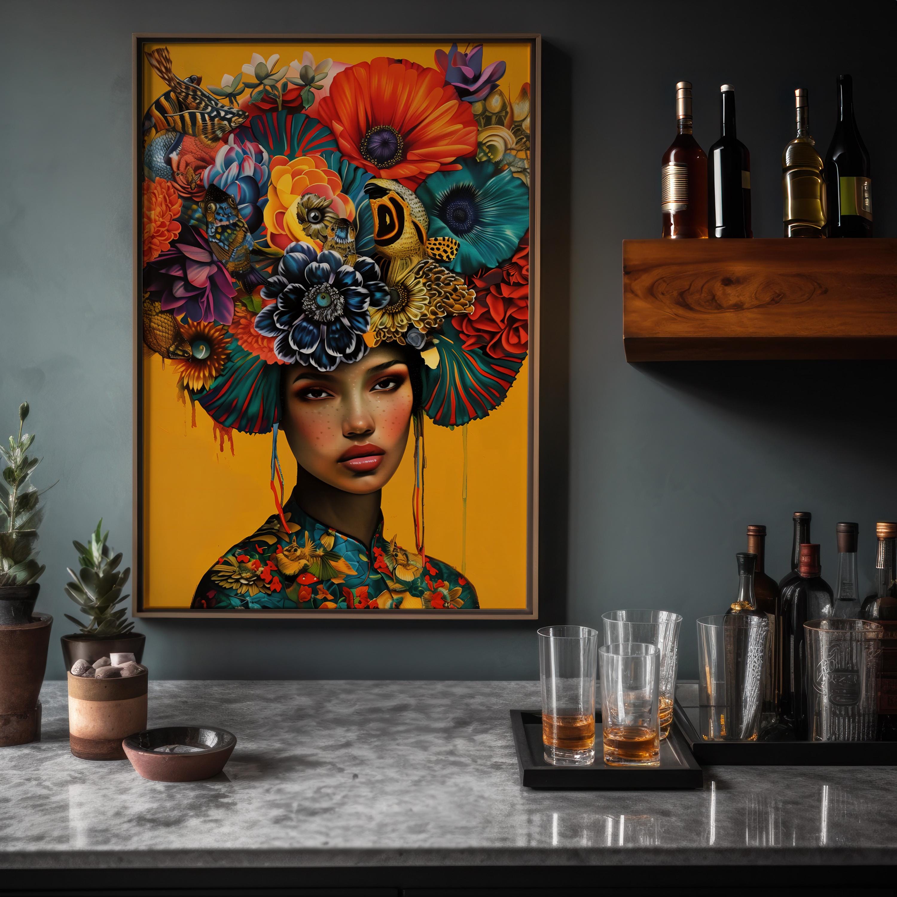 The Empress: Vibrant Floral Headdress Art | Modern & Elegant Botanical Portrait