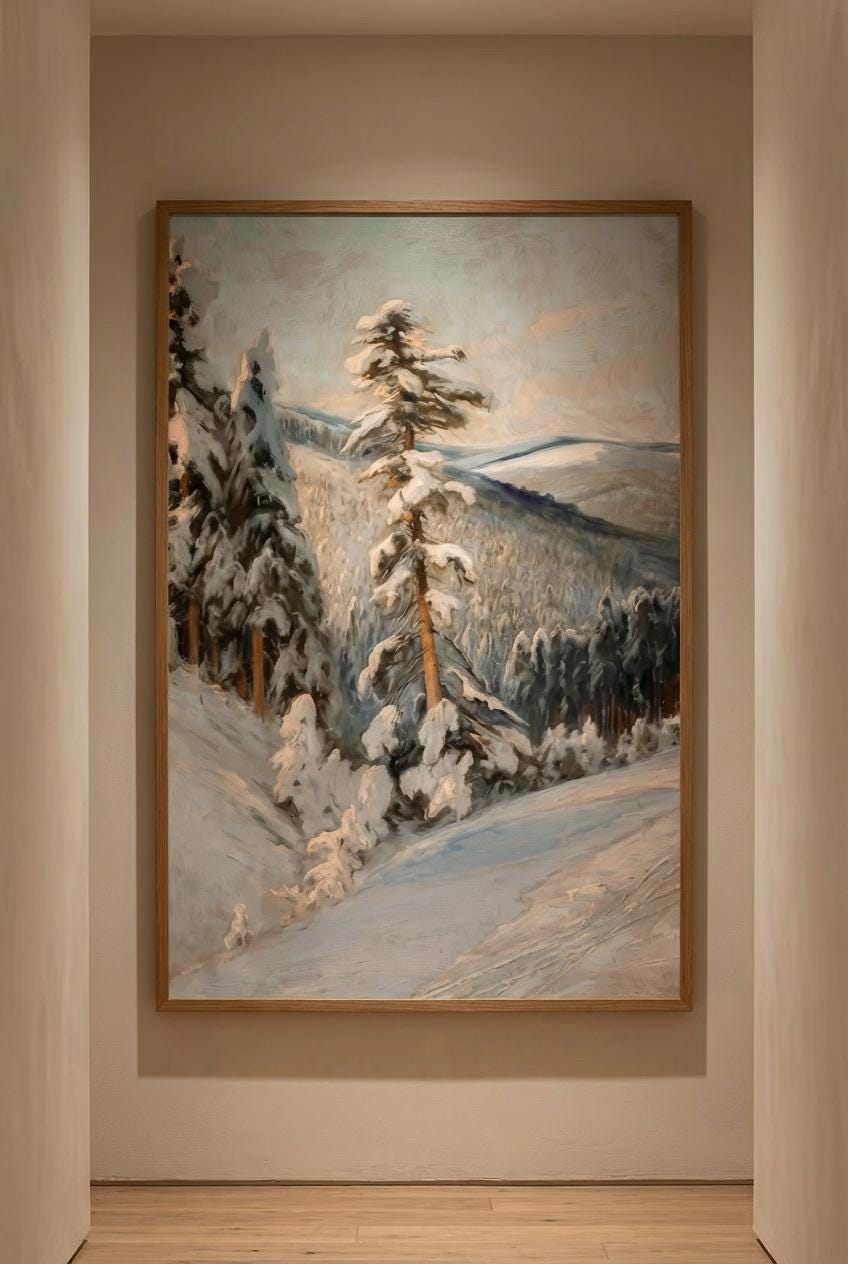 Cozy Winter Wall Art – Snowy Forest Print with Rustic Cabin Decor & Serene Nature Scene