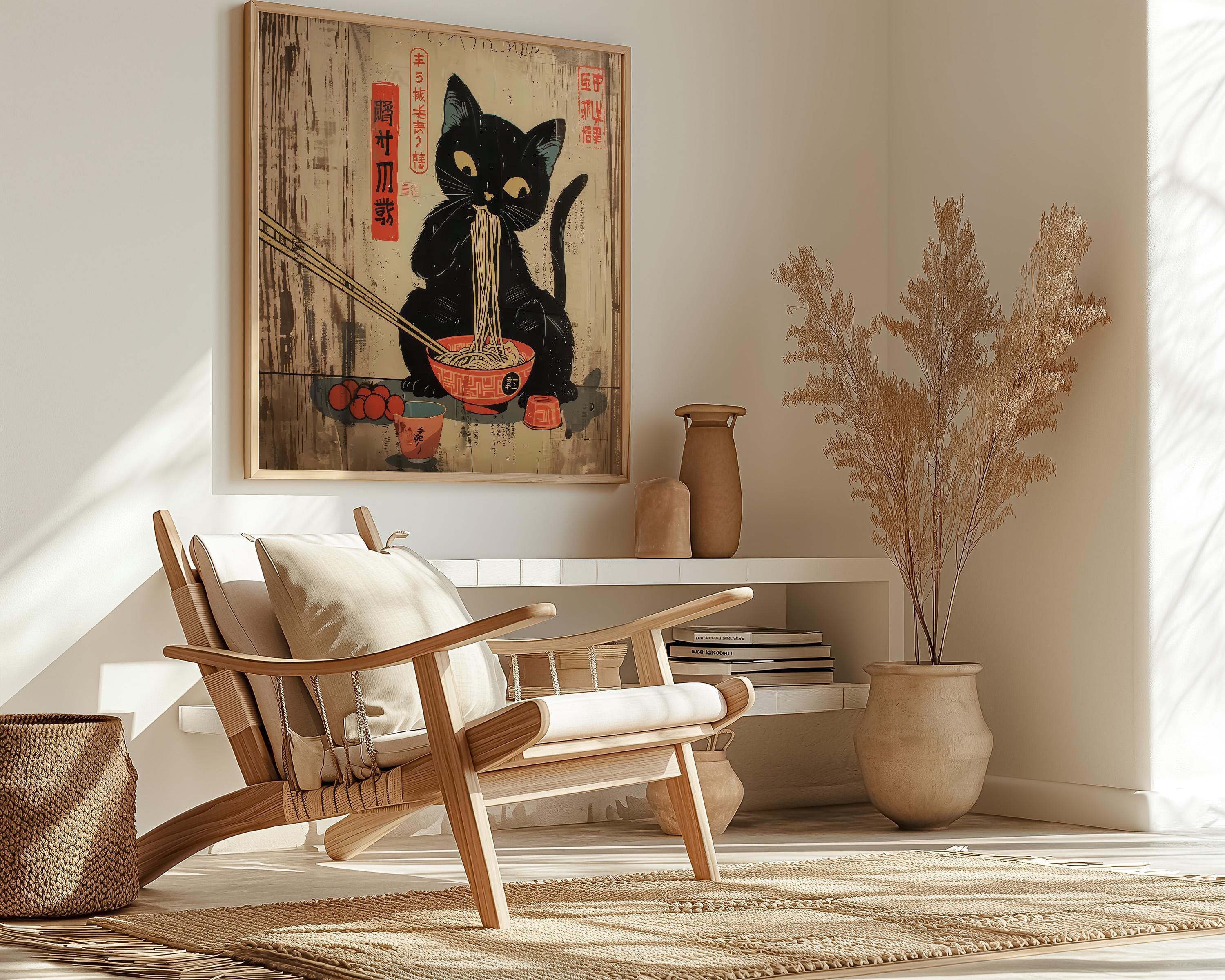 Whimsical Black Cat Ramen Art - Cozy Japanese Edo Decor