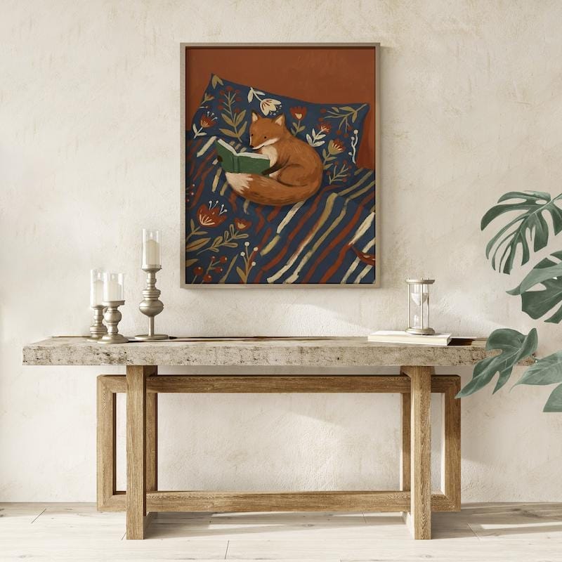 Fox Reading Illustration: Woodland Animal Art (Canvas or Print)