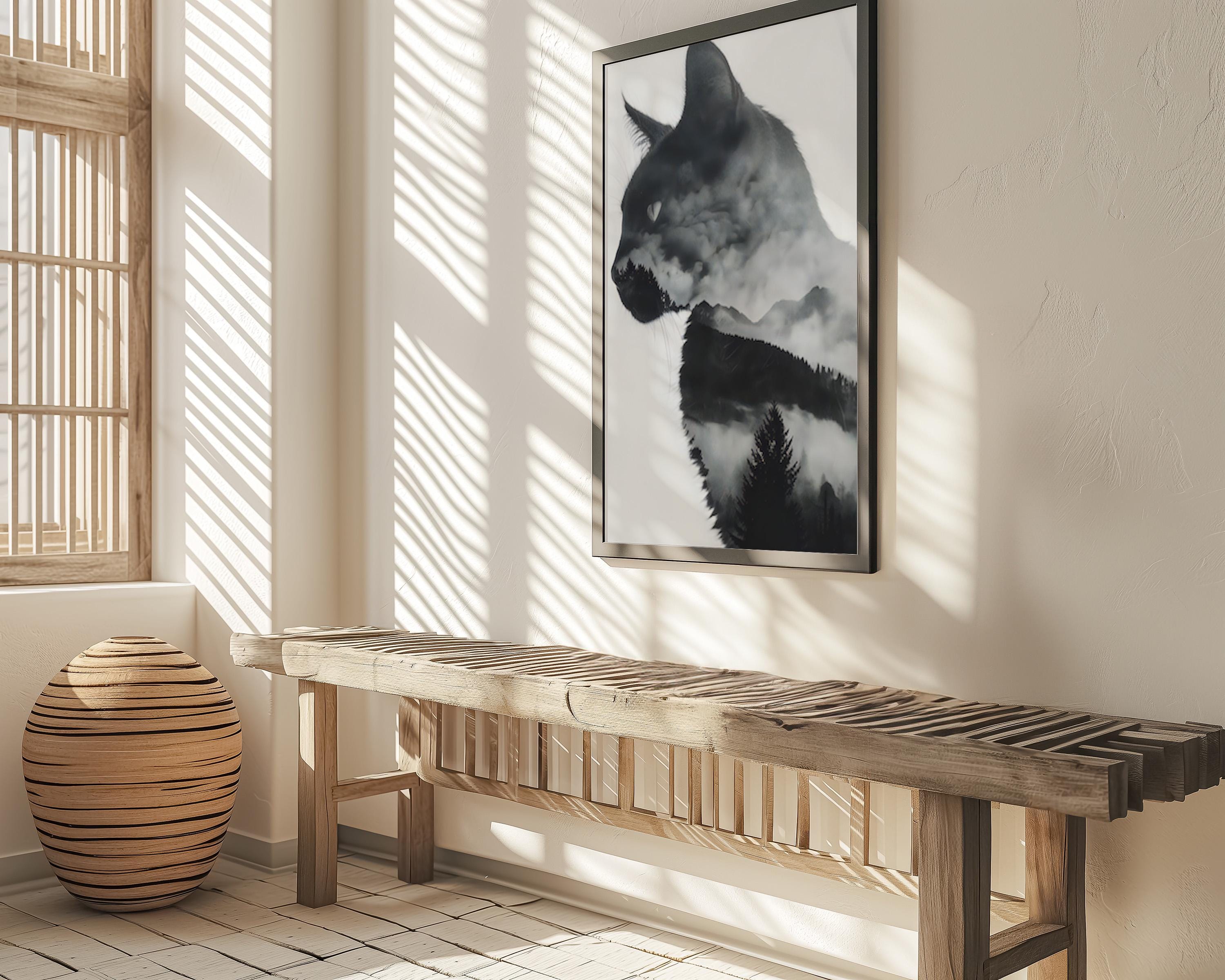 Spirit of the Wild: Surreal Cat & Mountain Double Exposure Art | Ethereal Black & White Decor