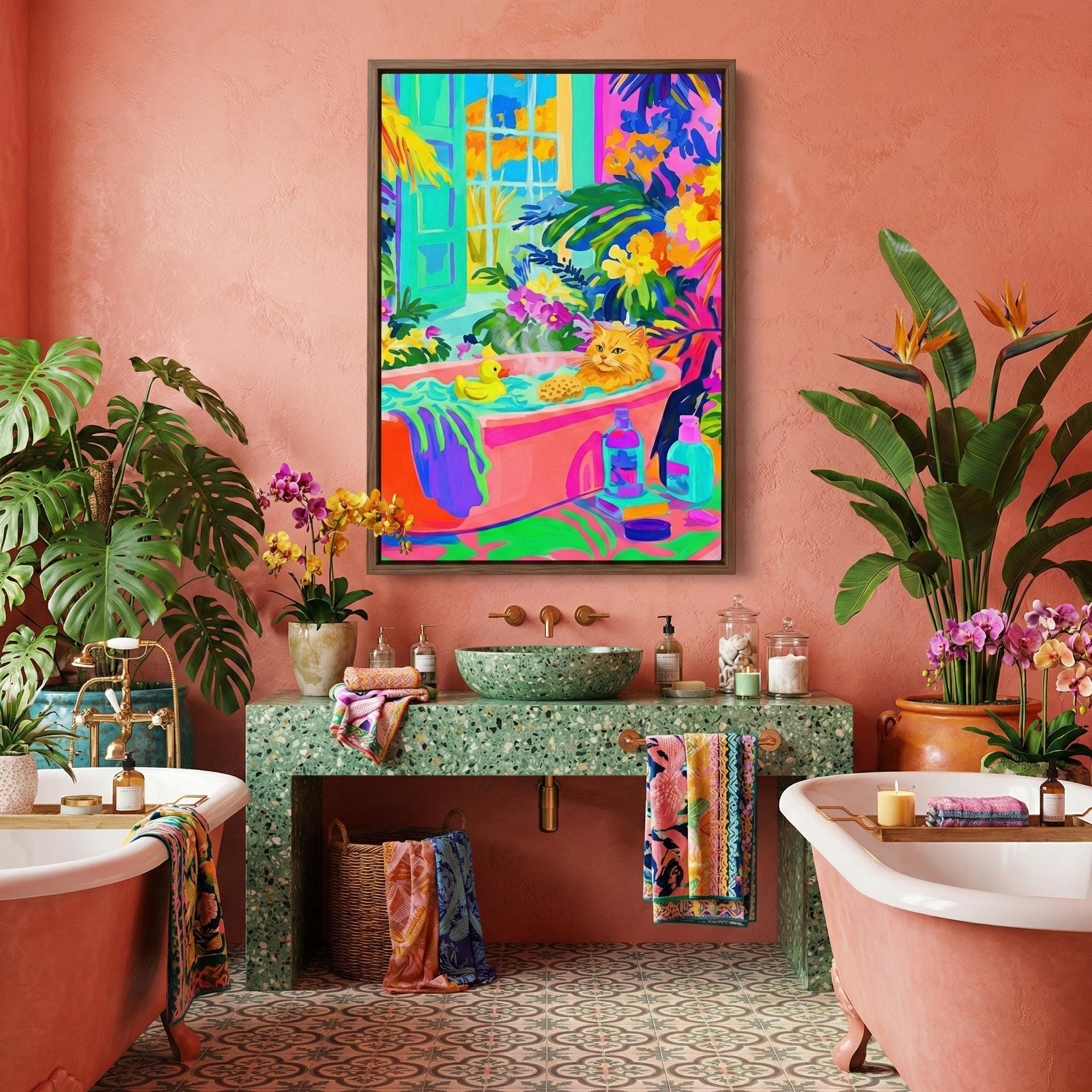 Whimsical Cat Canvas, Orange Tabby in Bathtub (Bold Fauvist Colors)