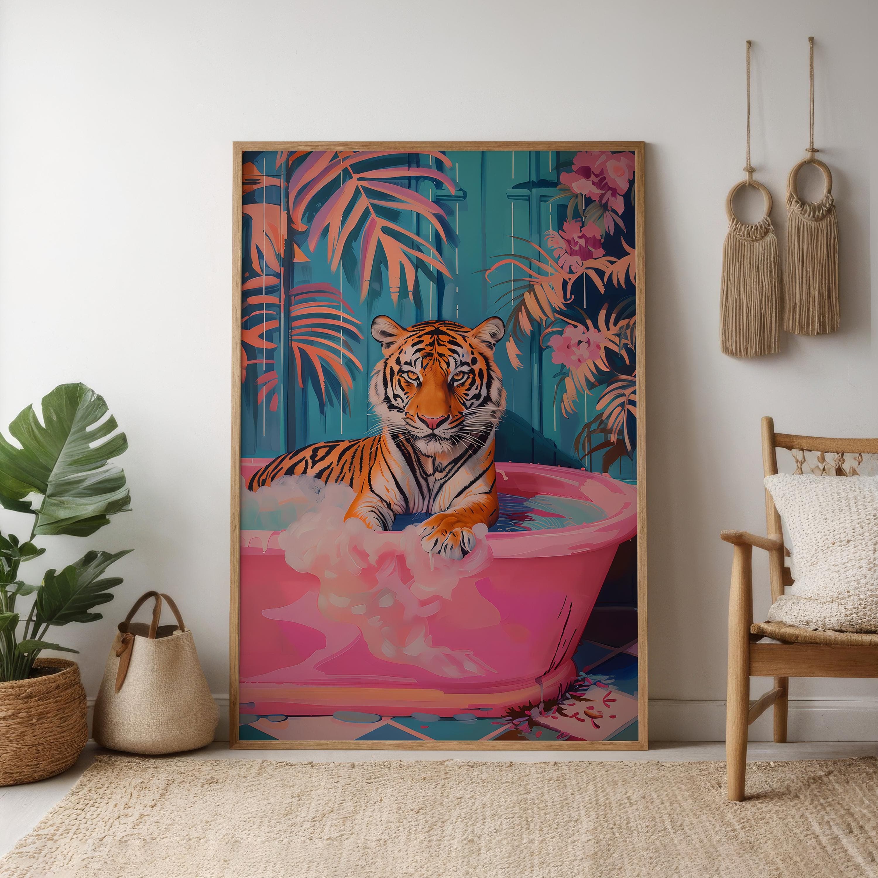 Chic Tiger Wall Art: Pink Bathtub, Maximalist Bathroom Decor