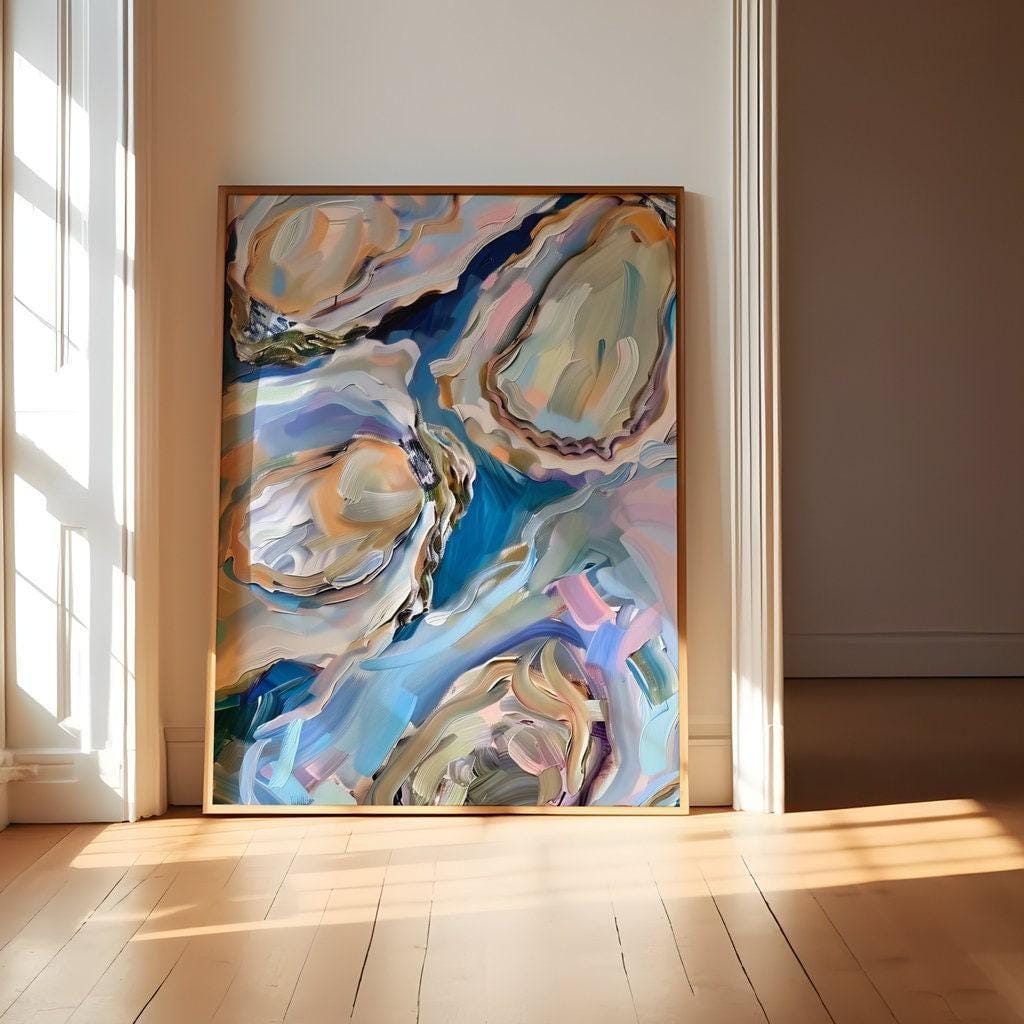 Oyster Delight Coastal Painting, Vibrant Blue (Canvas or Matte Print)