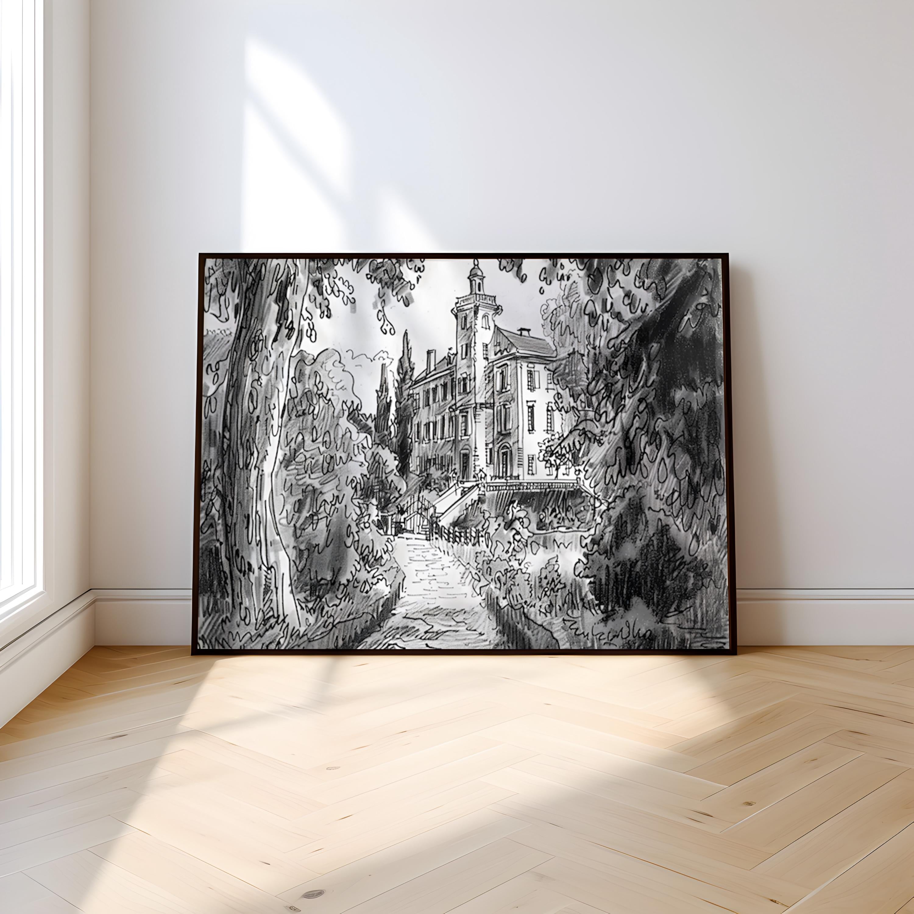 Timeless Elegance: Stately Manor House Ink Drawing | Classic Architectural Wall Art
