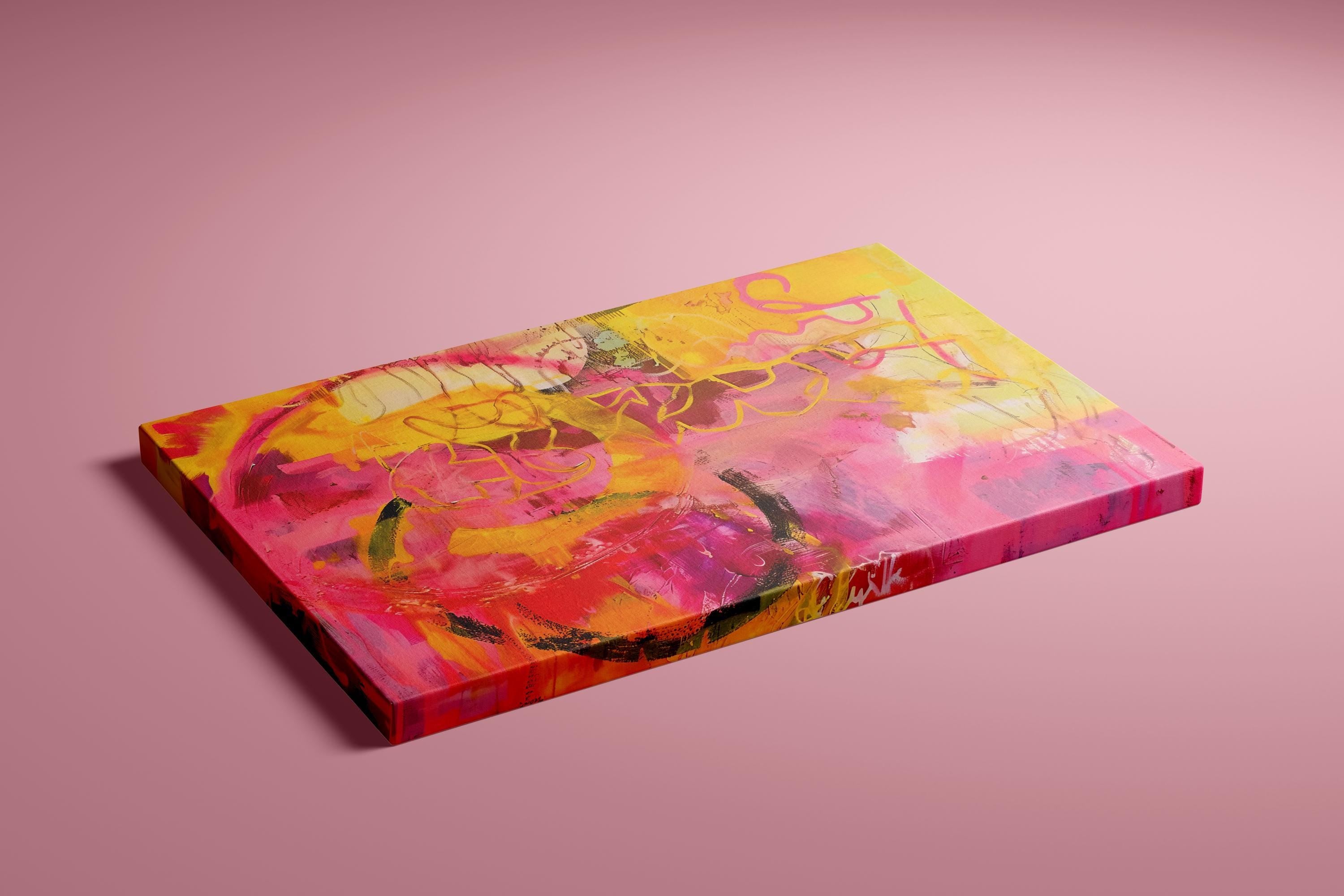 Modern Abstract Painting, Pink and Yellow Bold Brushstrokes (Canvas Print)