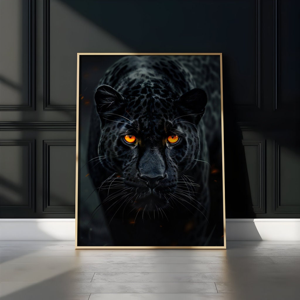 The Midnight Hunter: Black Panther with Orange Eyes Art | Moody & Powerful Wildlife Decor