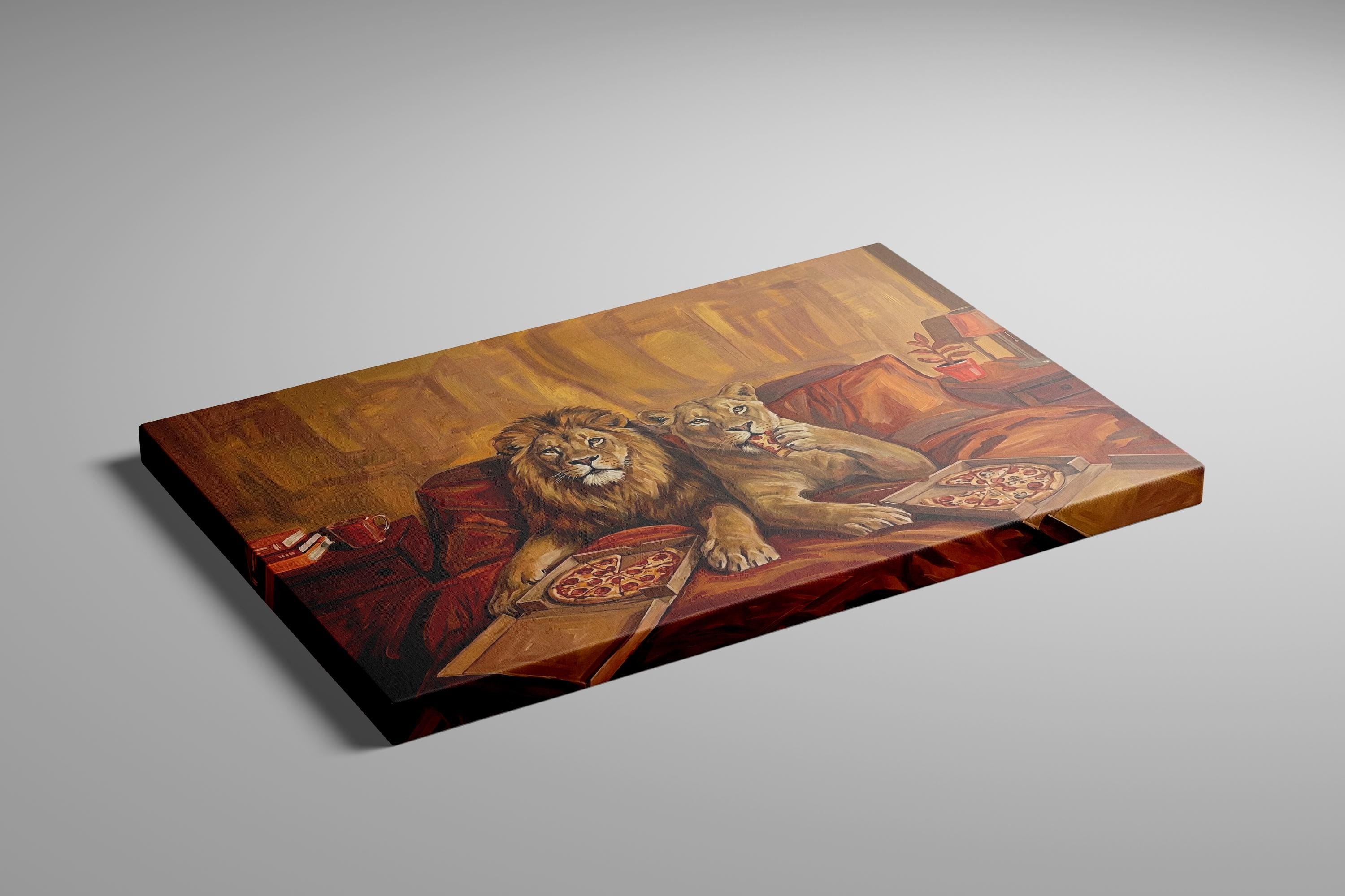 Lion Couple Wall Art: Cozy Surreal Pizza Date - Warm Tones
