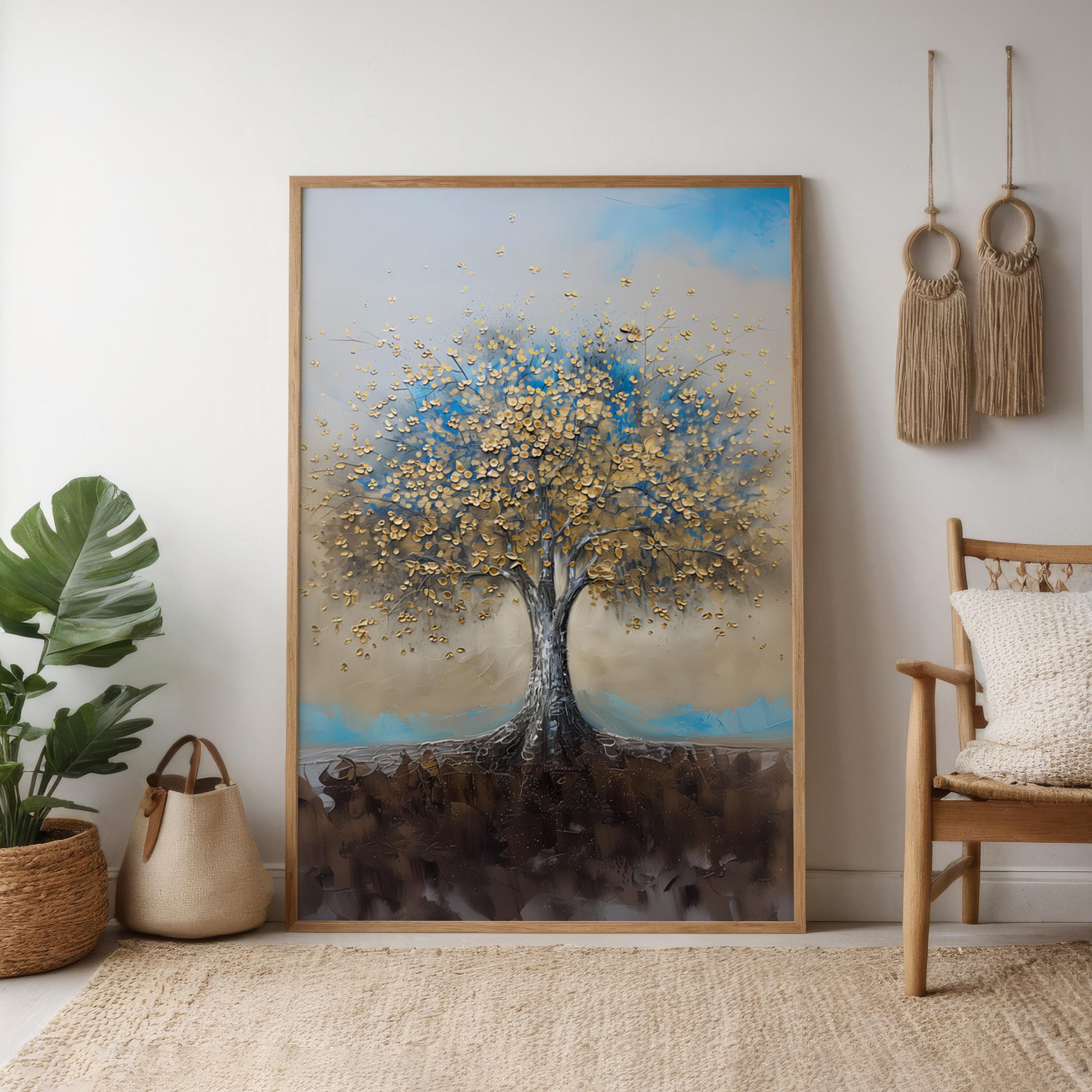 Golden Tree of Life Canvas Art | Blue & Gold Abstract Wall Decor for Serene Spaces