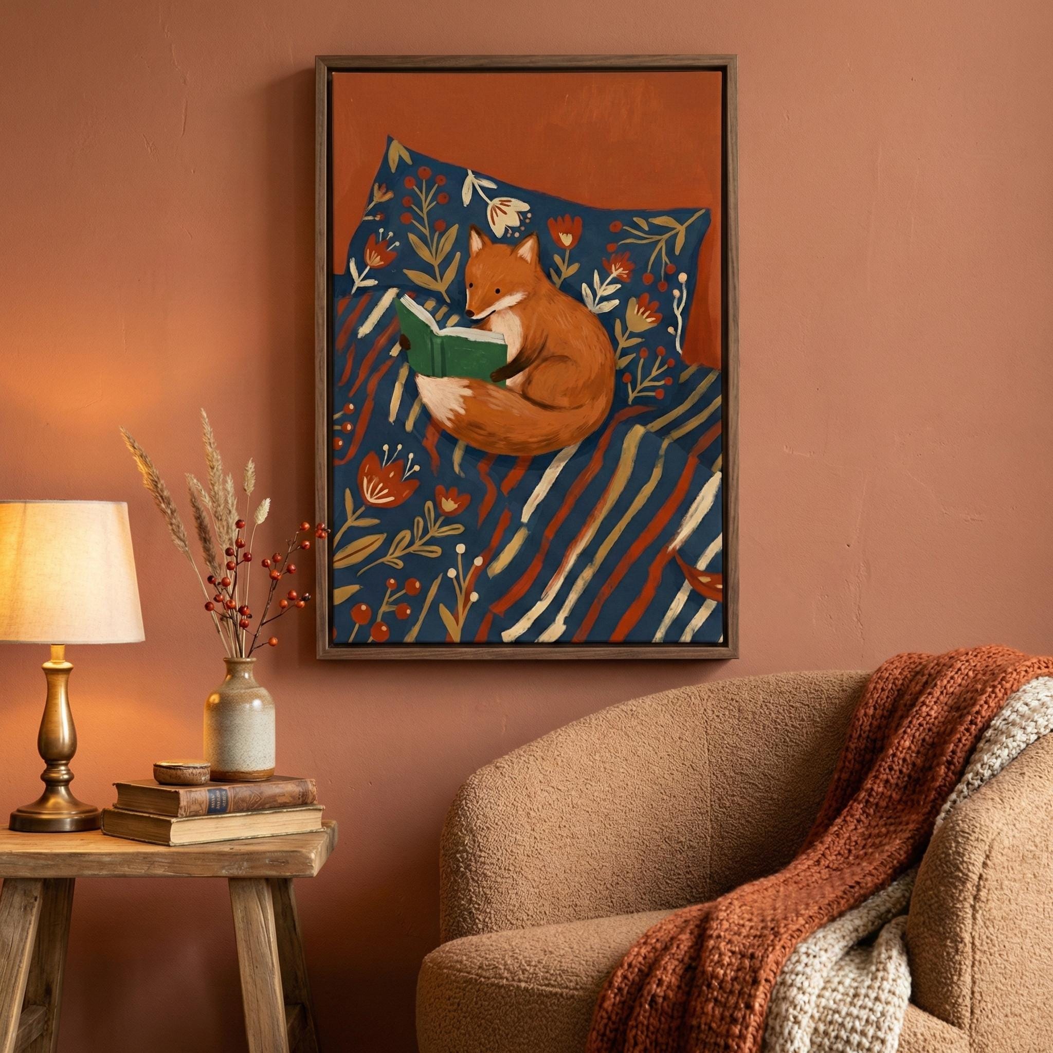 Fox Reading Illustration: Woodland Animal Art (Canvas or Print)