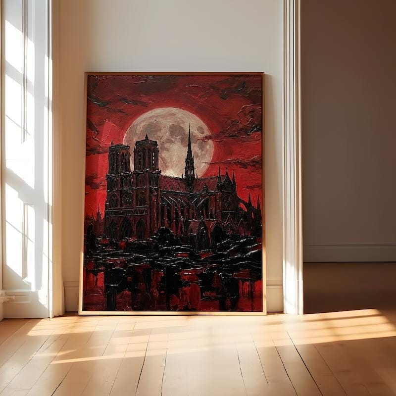 Gothic Cathedral Canvas Print, Blood Moon Cityscape (Dark Fantasy Decor)