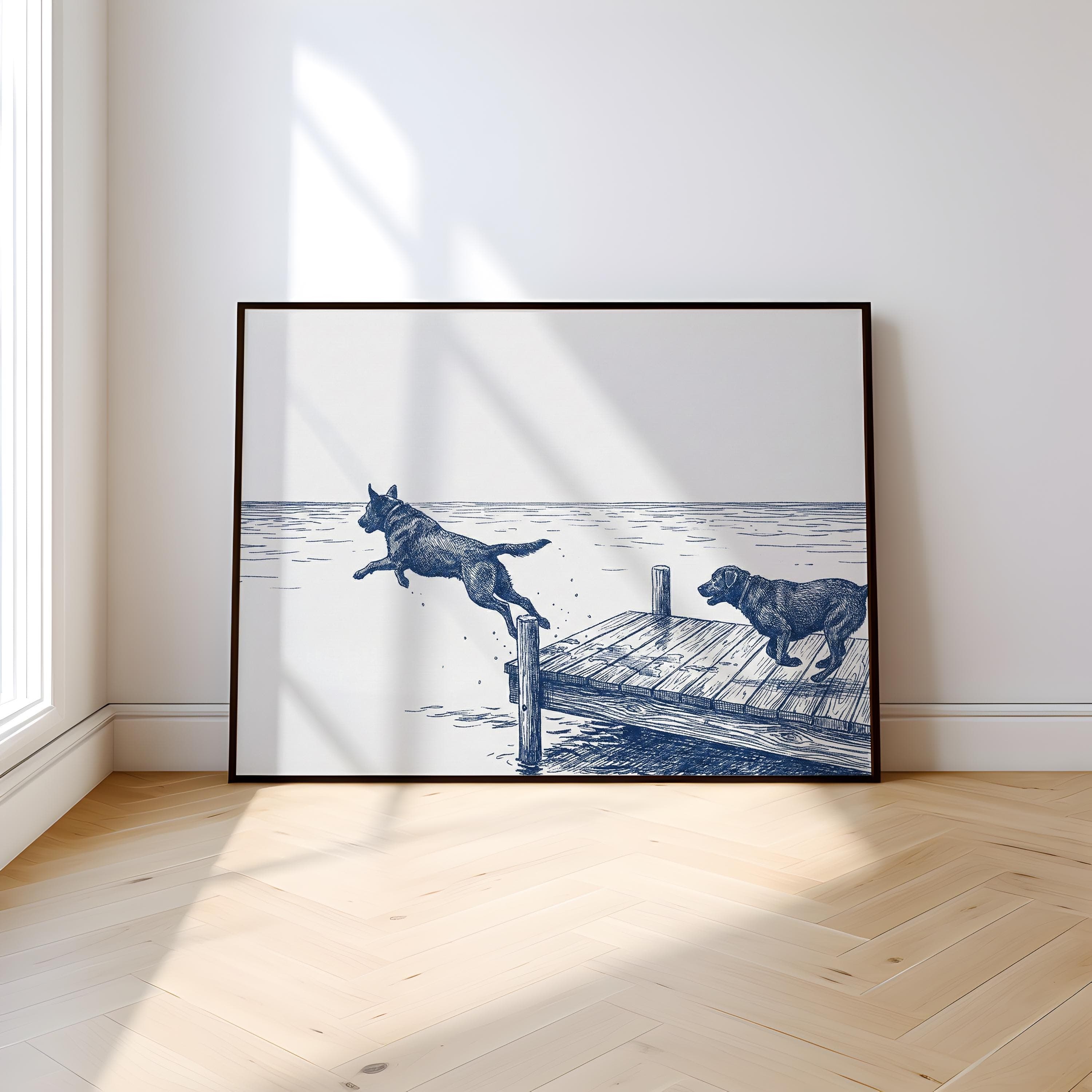 Lake House Dog Art, Blue Ink Sketch, Dock Scene (Print or Canvas)