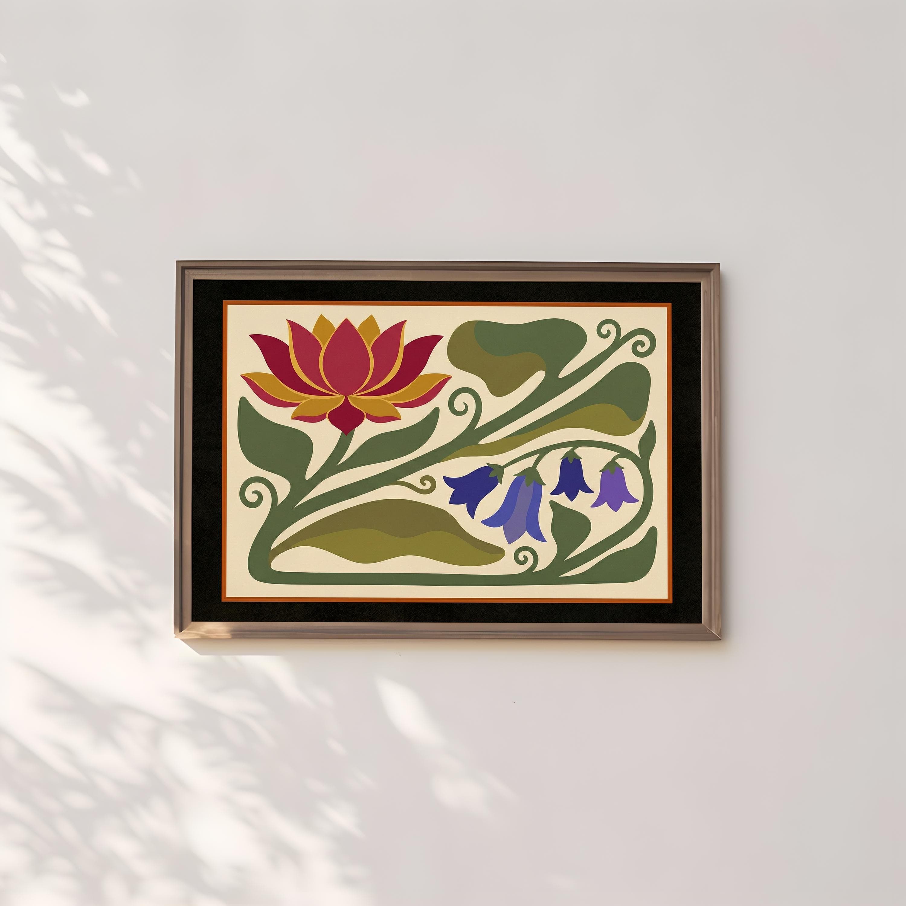 Floral Wall Art Print: Red Lotus and Bluebell - Arts & Crafts Style