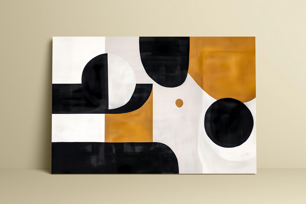 The image is a modern abstract art piece featuring bold geometric shapes in black, white, and orange.