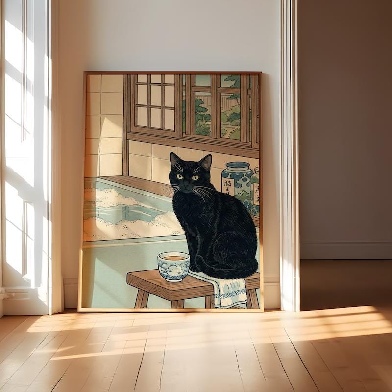 Ukiyo-e Black Cat Wall Art - Japanese Onsen Bathhouse Scene